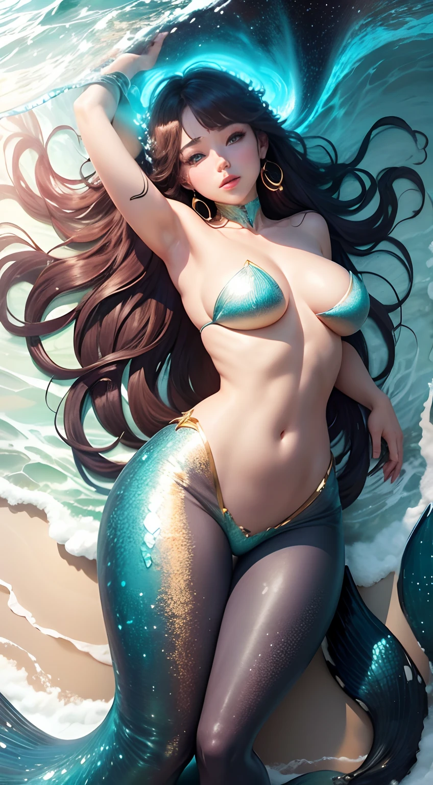 Sexy goddess,best qualityer,Snow-whiteskin,8K high quality,Sexy goddess,A pair of big eyes are beautiful and moving,White skin,putting makeup on,Red long-haired,Volt perspective,Lower body mermaid tail,curlies,Sexy outfit,Volt view,Look up,gold;jewely,Flying in outer space,Behind,Ocean Earth,Space-time gate,milky ways,the ocean,swell sea,Greatwave,Beautiful sunset sun,lighthouse,Lower body mermaid tail,Lying on the shoreline,Very artistic photos。
