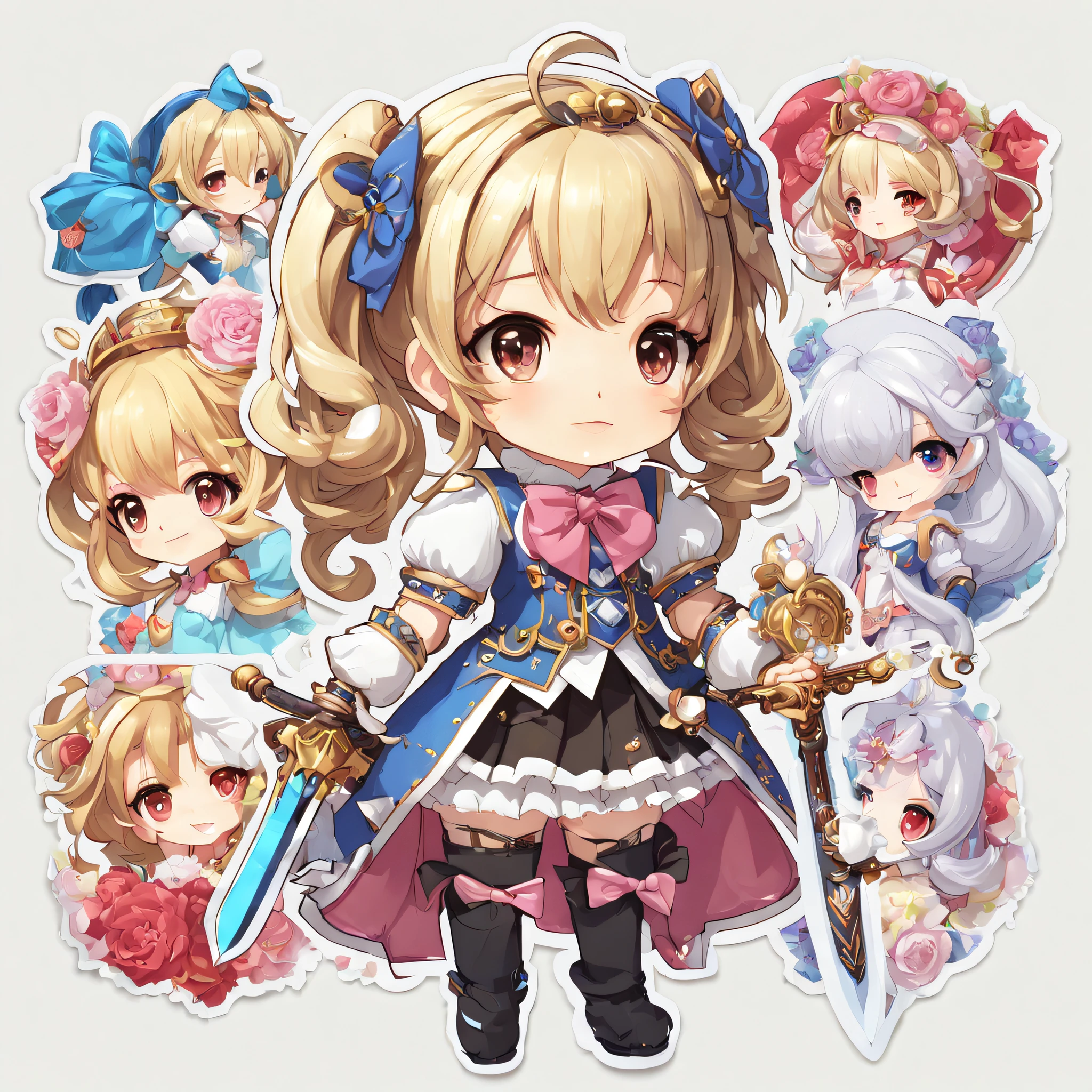 ((Stickers))，((Sticker))，1girll, With a sword, Anime style，Dreamland Wonderland、fanciful，tmasterpiece，k hd，Rich in color，Detailed details，Seven colors,(Best quality,Masterpiece, iintricate,Hyper-detailing,8K  UHD,超高分辨率，extremely detailed CG unity wallpaper)
