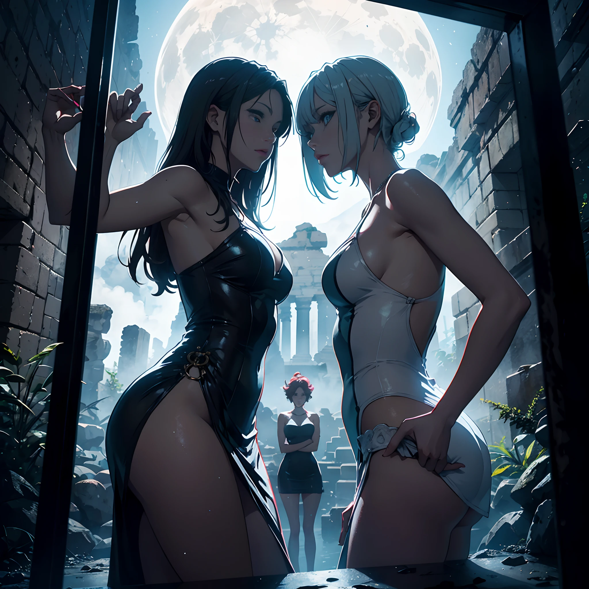 (1980s anime), (ancient greek ruins covered in neon lights in natural environment), close-up shoot, masterpiece, absurdes, 4k, BREAK two statues of beautiful woman standing together in a dynamic pose, wearing pin up dress, seminude, pale, foggy, (dimly lit:1.2), fog, shattered mirror, white moon, dynamic shadows, beautiful lighting