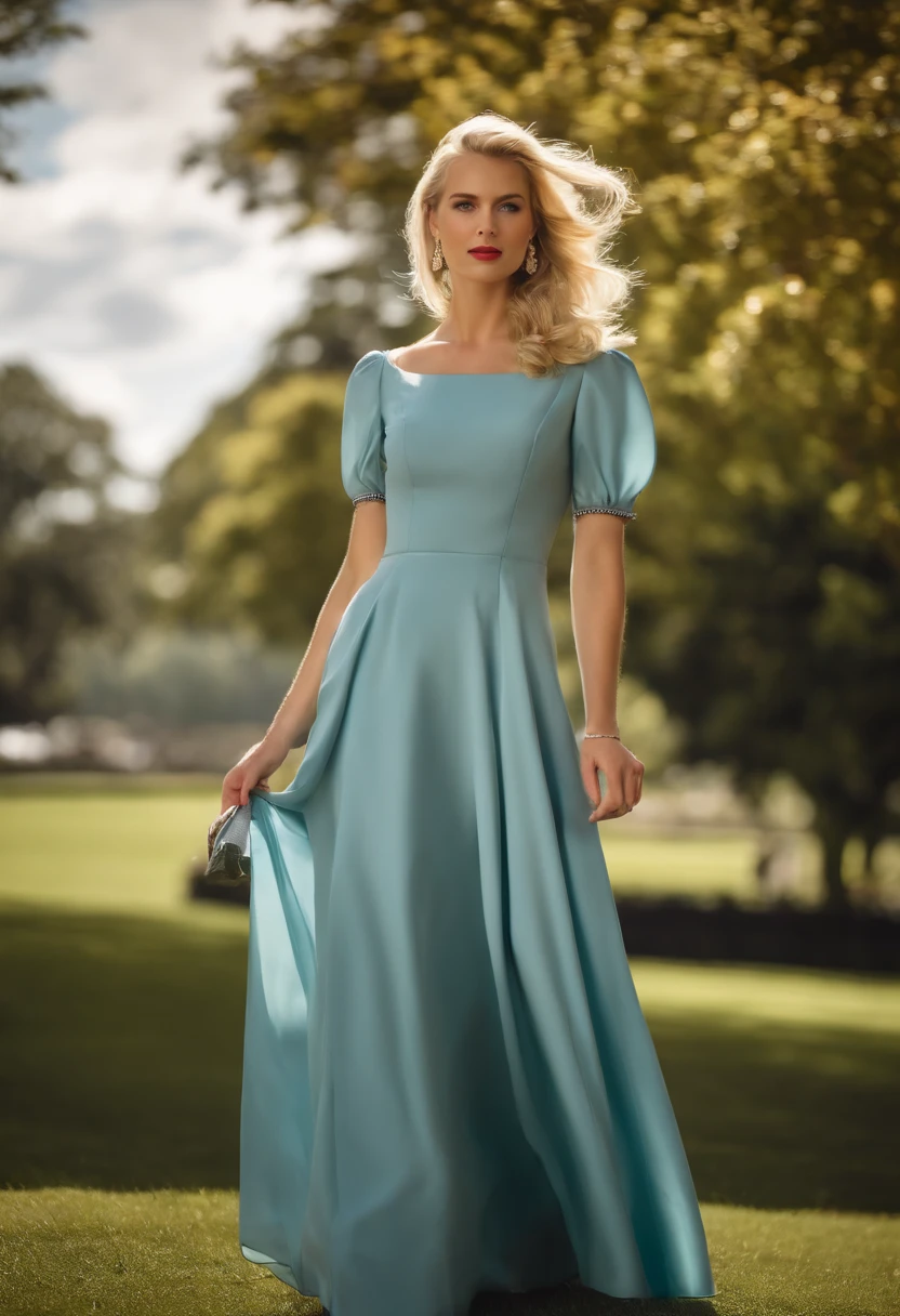 A stunningly beautiful blonde modern-day young lady dressed for Royal Ascot in a conservative day dress with short puffed sleeves