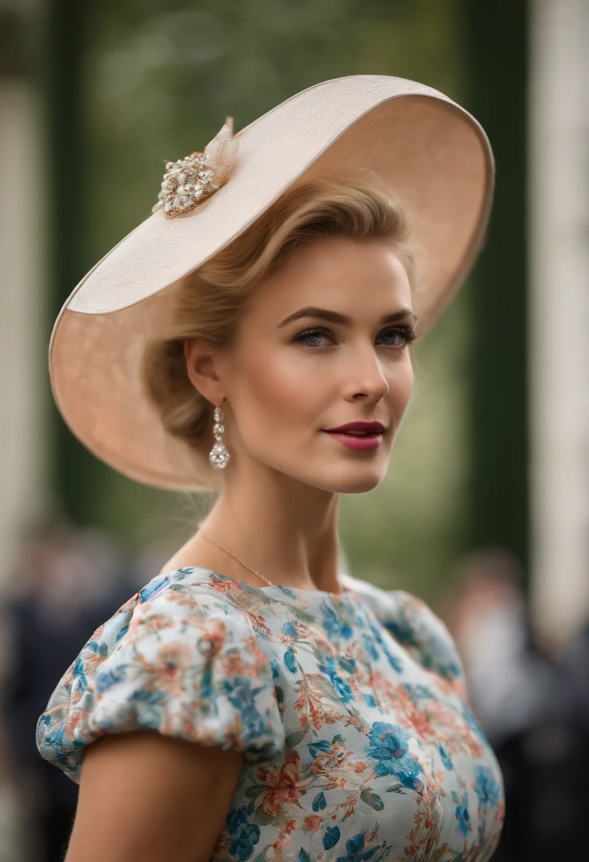 A stunningly beautiful blonde modern-day young lady dressed for Royal Ascot in a conservative day dress with short puffed sleeves