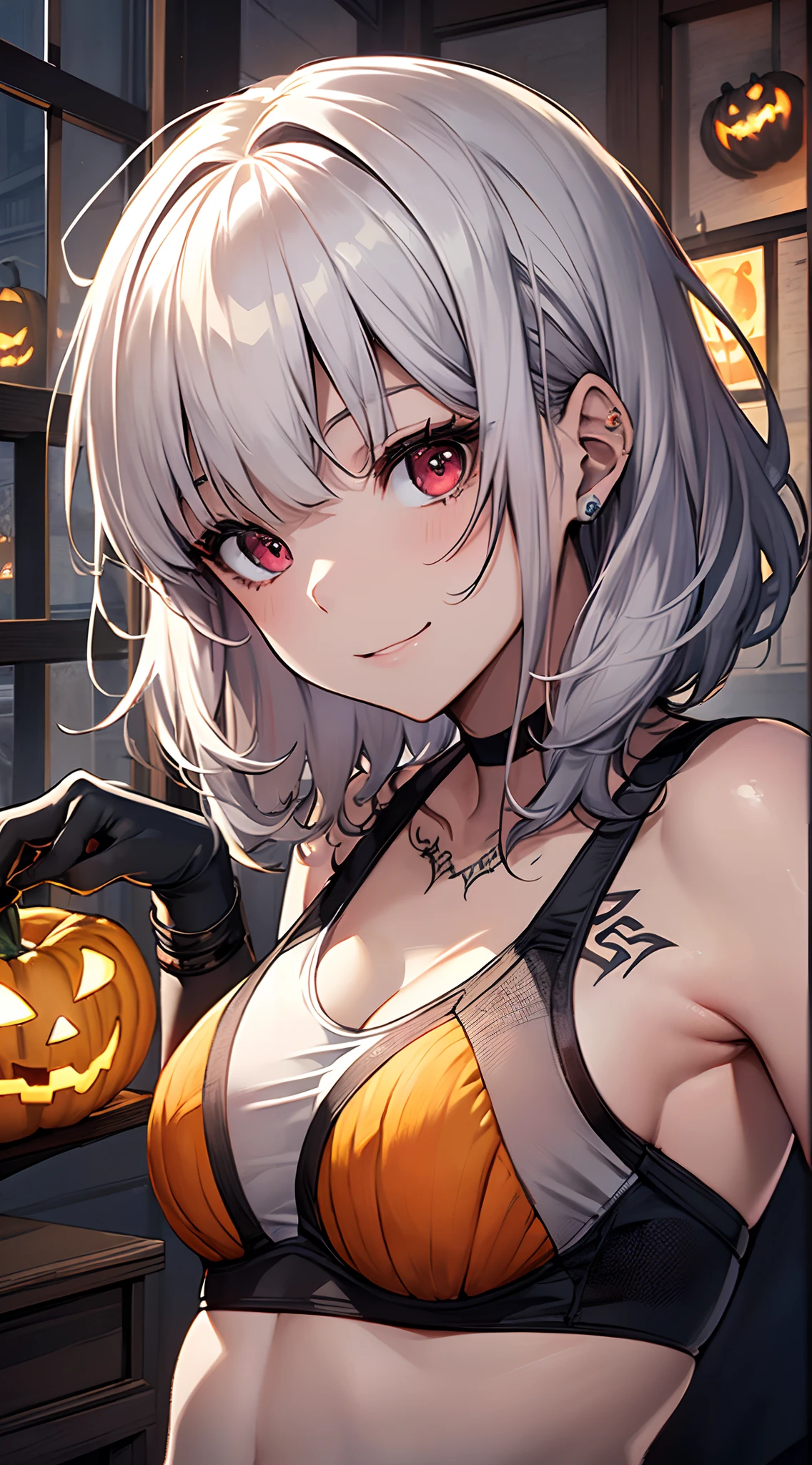 top-quality、Top image quality、in 8K,4K,masterpiece、(NSFW:1.1)、ultra-detailliert、Beautiful、ultra-quality、adult-like、Cool、girl with(((18year old、negligee:1.3、Have a jack-o'-lantern、Bust 78、silber hair、a short bob、Red Eyes、erotick:1.4、Happiness、The tattoo)))、hiquality、visualart、Background with((Halloween:1.2、Bedrooms:1.4))、masutepiece