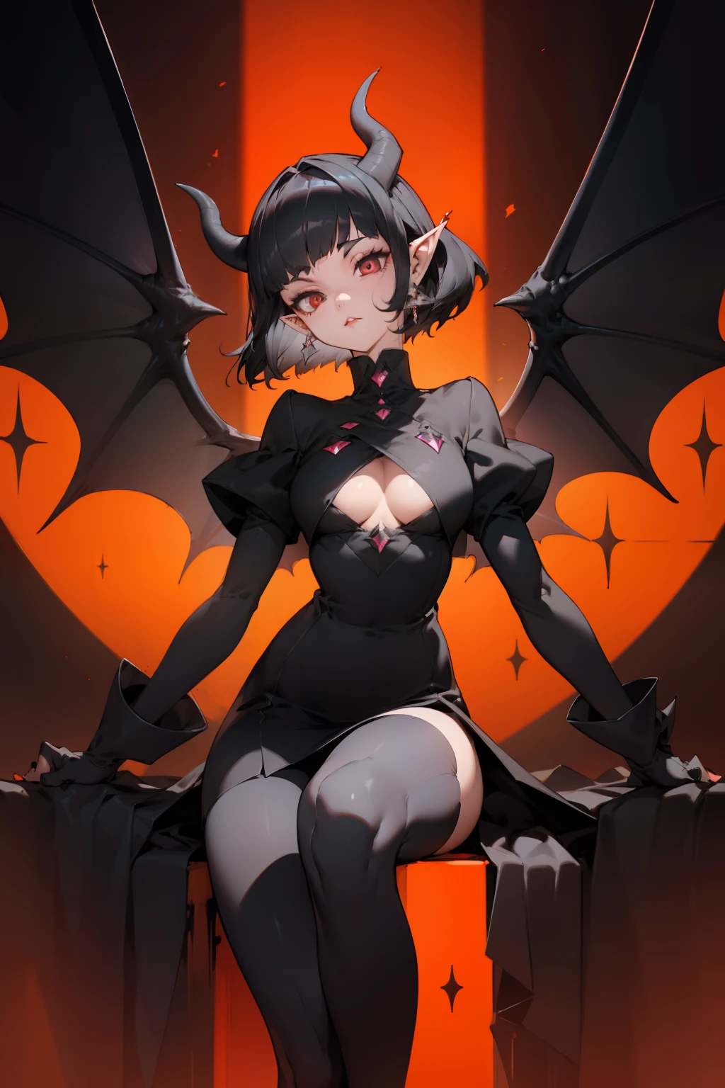 pointy ears，Black color hair，Bigboobs，Two legs，Over-the-knee stockings，（Princess cut hairstyle），short detailed hair，Sideburns have long hair，succubi，have demon wings，Student uniform