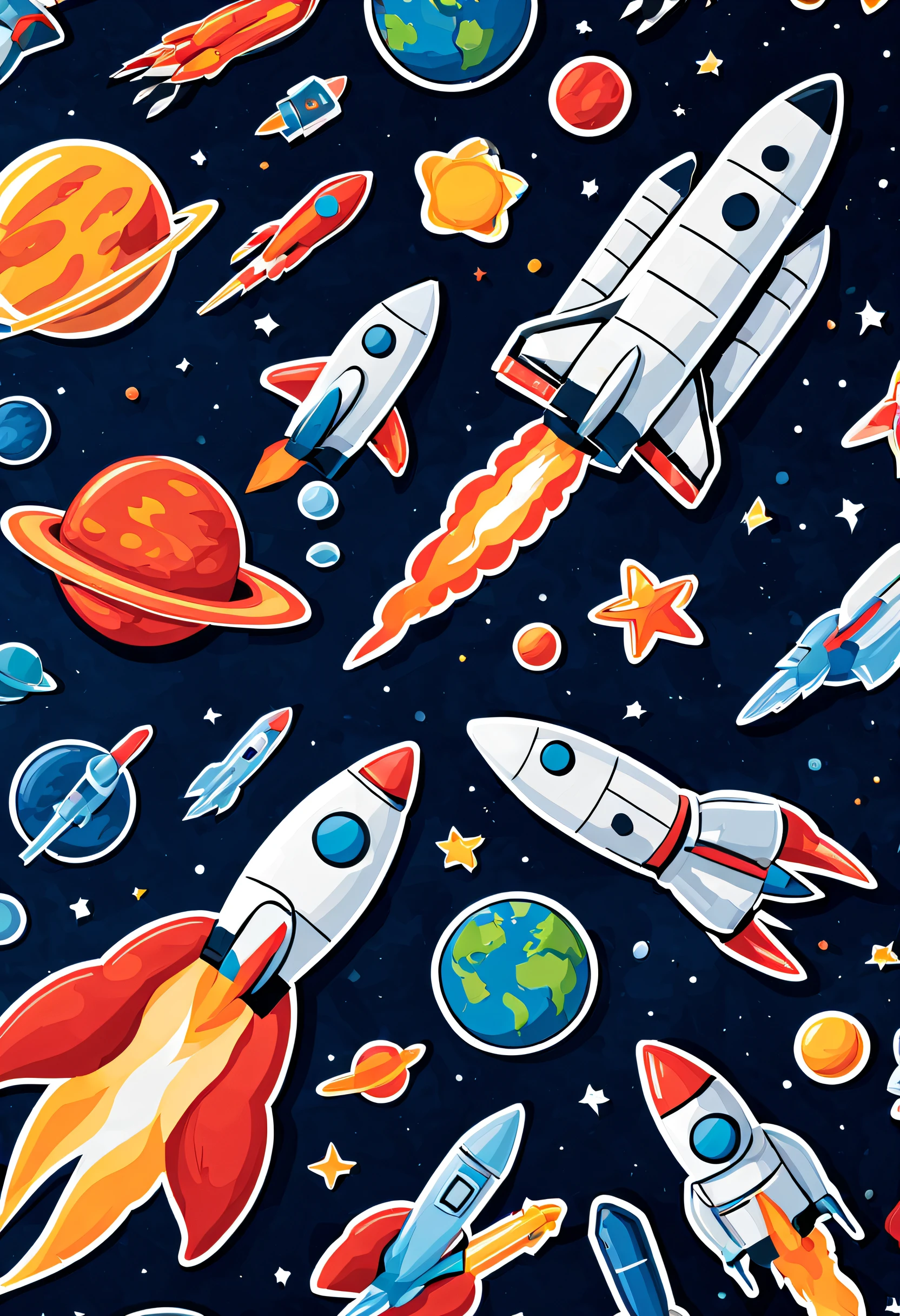 Cartoonish space stickers of rockets and space shuttles