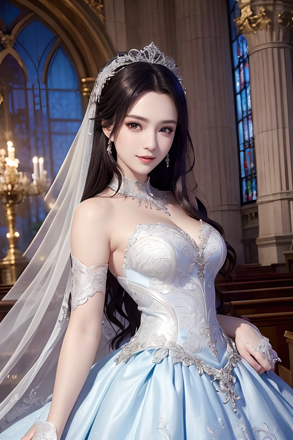 (Best Quality, masutepiece:1.2), (Realistic:1.3),, (hyper detailed background, Detailed background), Bokeh,, , gorgeous prom dresses, Luxury Prom Dresses, wedding dress, Bridal Veil, bridal gauntlets, Bridal Cascade Bouquet,, Upper body,, Wedding in the church,, , 1girl in, Cute, Teenage, Posing, Smiling,, Dynamic Angle, Dynamic Pose,, , Very long hair