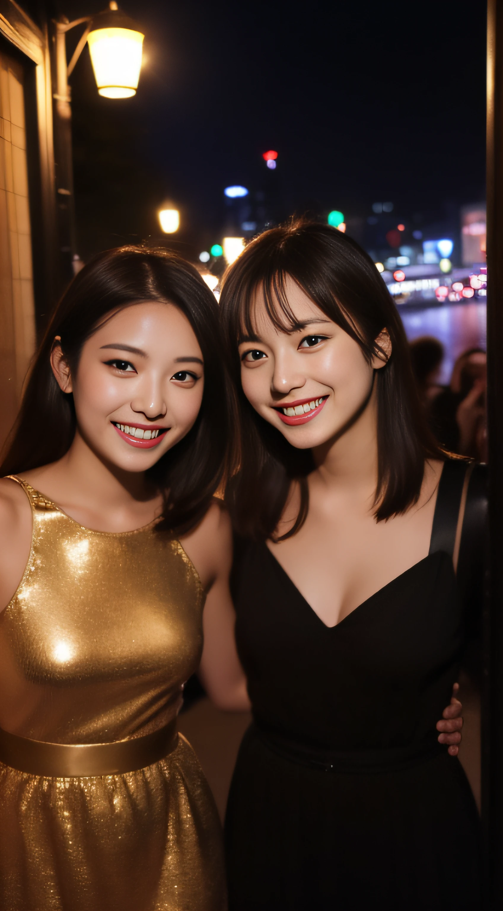 The face is a hostess、Dress is a witch、3 people、hiquality、A hyper-realistic、healthy、Smiling expression、Slender perfect figure、Japan beauties、beautidful eyes、face perfect、Beautiful skin、Shibuya at night
