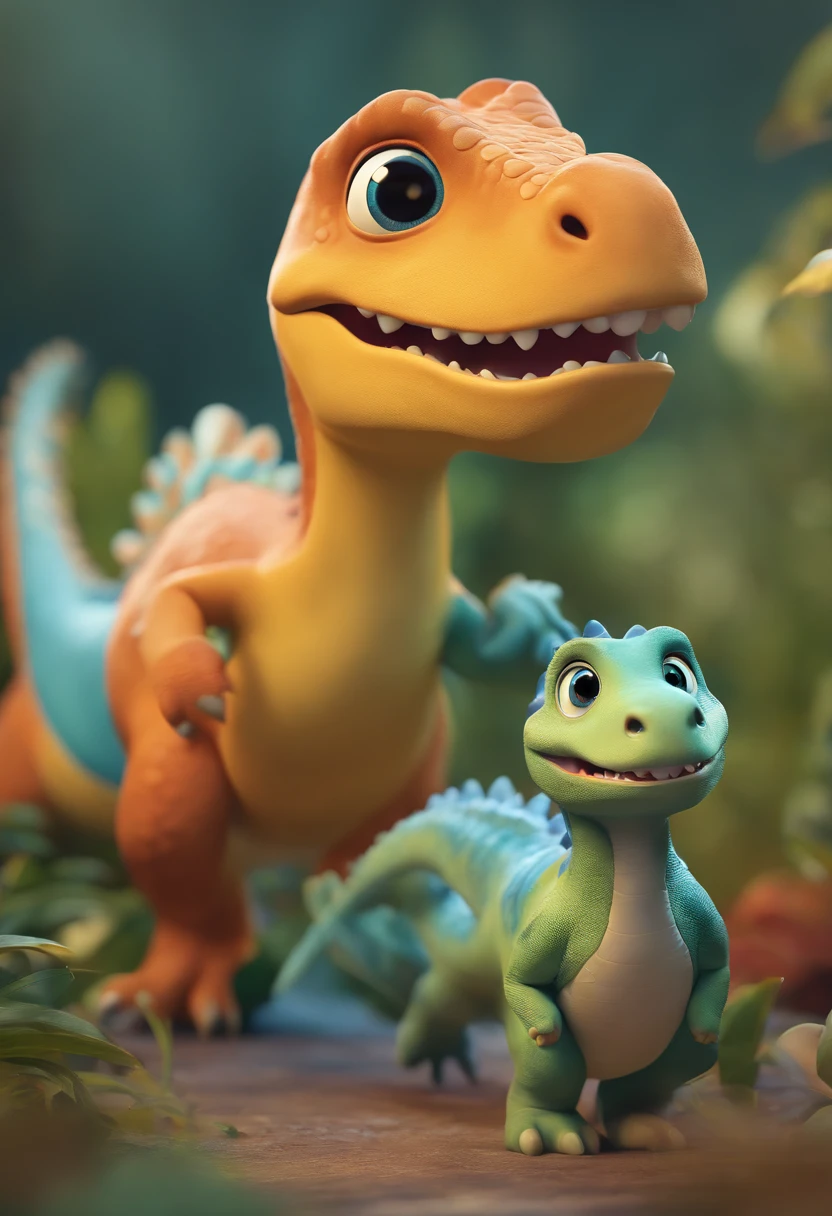 Cute dinosaurs,colorful animations,illustration,Playful,detailed creature,Friendly expressions,Vibrant colors,Interactive artwork,dynamicposes,artistic rendition,Fun and engaging,A high resolution,Ultra-detailed,Physically-based rendering,Lively personality,Expressive eye and facial features,Dynamic movements,Interesting environment,Animation features,Imaginative landscape,Evoke childlike joy,Colorful Palette,soft and rounded forms,Dynamic lighting and shadows,Vivid tones,Bokeh effect,Joyful and whimsical,Delightful scene,Masterpiece:1.2
