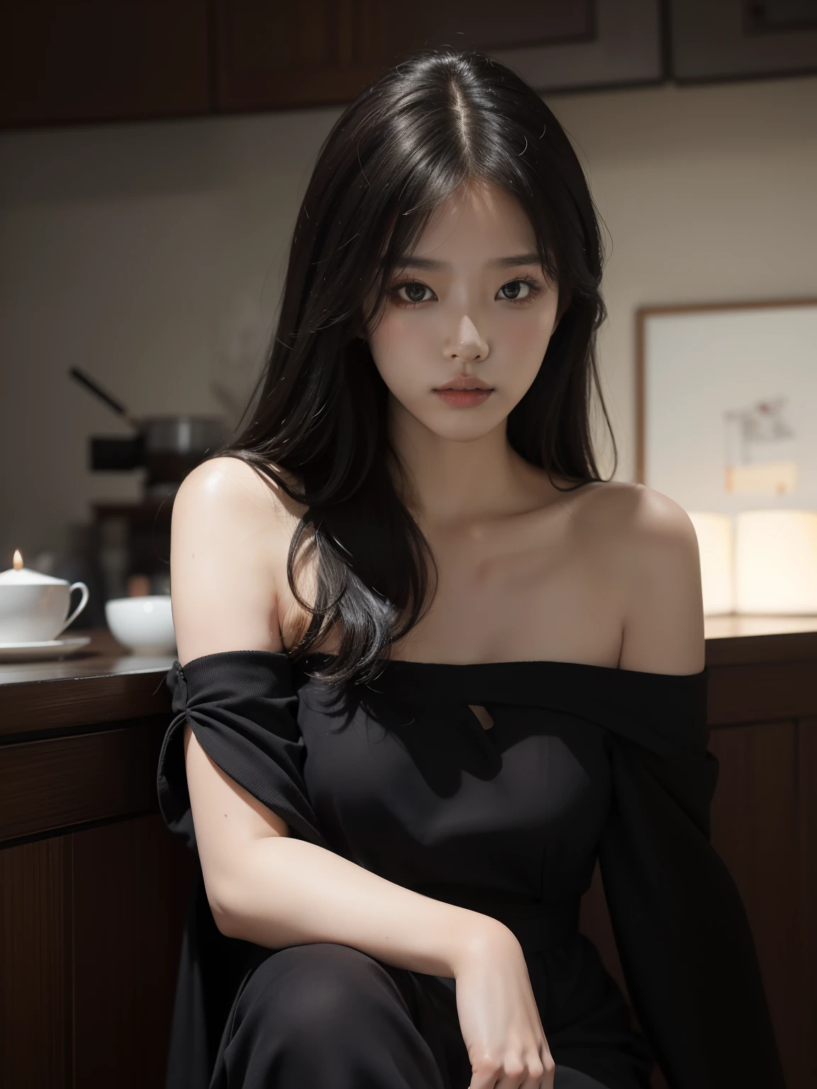 best qualityer, Masterpieces, Super high resolution, (photograph realistic:1.5), Original image,Black dress ,Korean 1girl, offshoulder, In the dark, deepshadow, low tune, Cold light, Sexy look, long whitr hair,Cafe,pretty,lim light,swirling hair