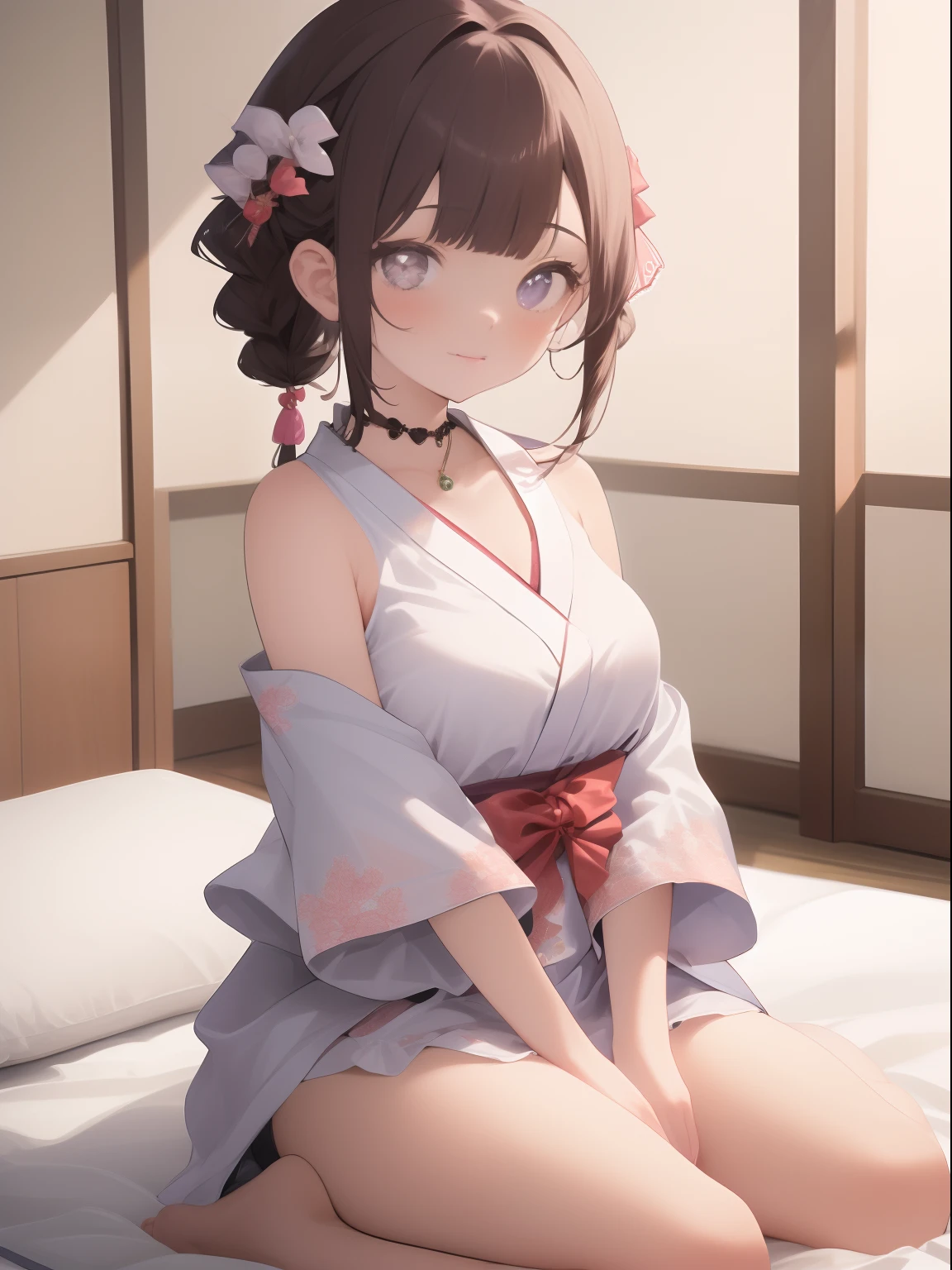 8K、top-quality、tmasterpiece、ultra - detailed、Ultra-high resolution、Anime style、brunette color hair、Braided hair、Light-colored yukata、natta、On futons、bare shoulders​，Lace，pantiess，It's fogging up，underdressing，pantiess，Delicate pupils，bangle，choker necklace。Delicate accessories，Loves，perspire，pure white，