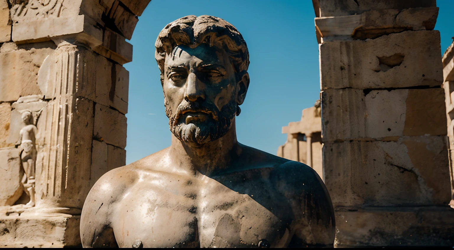 Ancient Stoic Statue With Very Angry Expression, tem barba, muitos detalhes em ambos os olhos, Outside, fundo atenas grego, open sky, com rosto extremamente detalhado full body view, Colors with low saturation with dark tone, Filmado em Sony A7S III com Sony FE 35mm f/1.8, 12.1 MP, --AR 3:2 --estilo cru