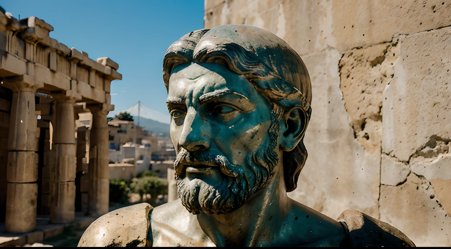 Ancient Stoic Statue With Very Angry Expression, tem barba, muitos detalhes em ambos os olhos, Outside, fundo atenas grego, open sky, com rosto extremamente detalhado full body view, Colors with low saturation with dark tone, Filmado em Sony A7S III com Sony FE 35mm f/1.8, 12.1 MP, --AR 3:2 --estilo cru