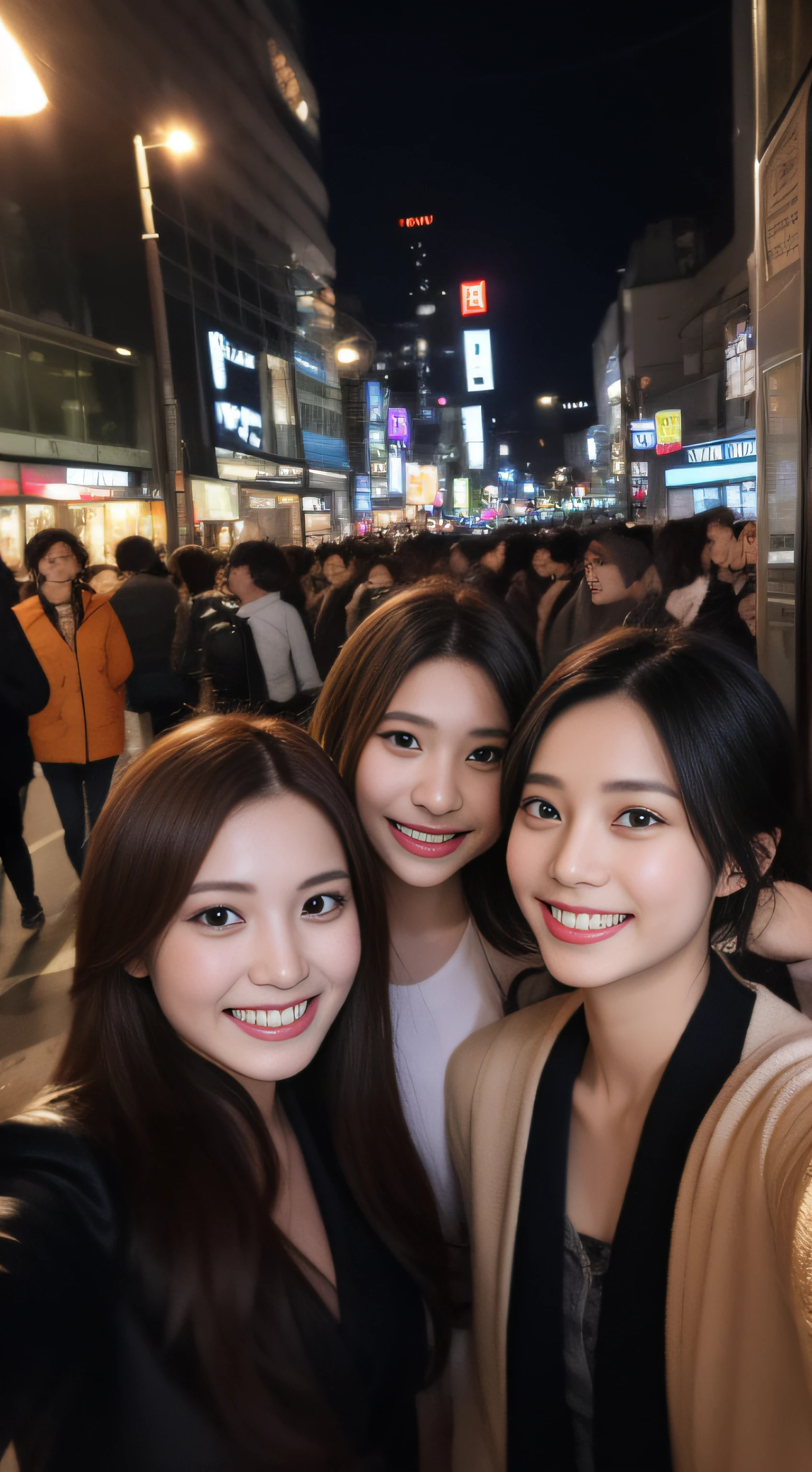 The face is a hostess、Clothes are pumpkin haloin cosplay、3 people、hiquality、A hyper-realistic、healthy、Smiling expression、Slender perfect figure、Japan beauties、beautidful eyes、face perfect、Beautiful skin、Shibuya at night