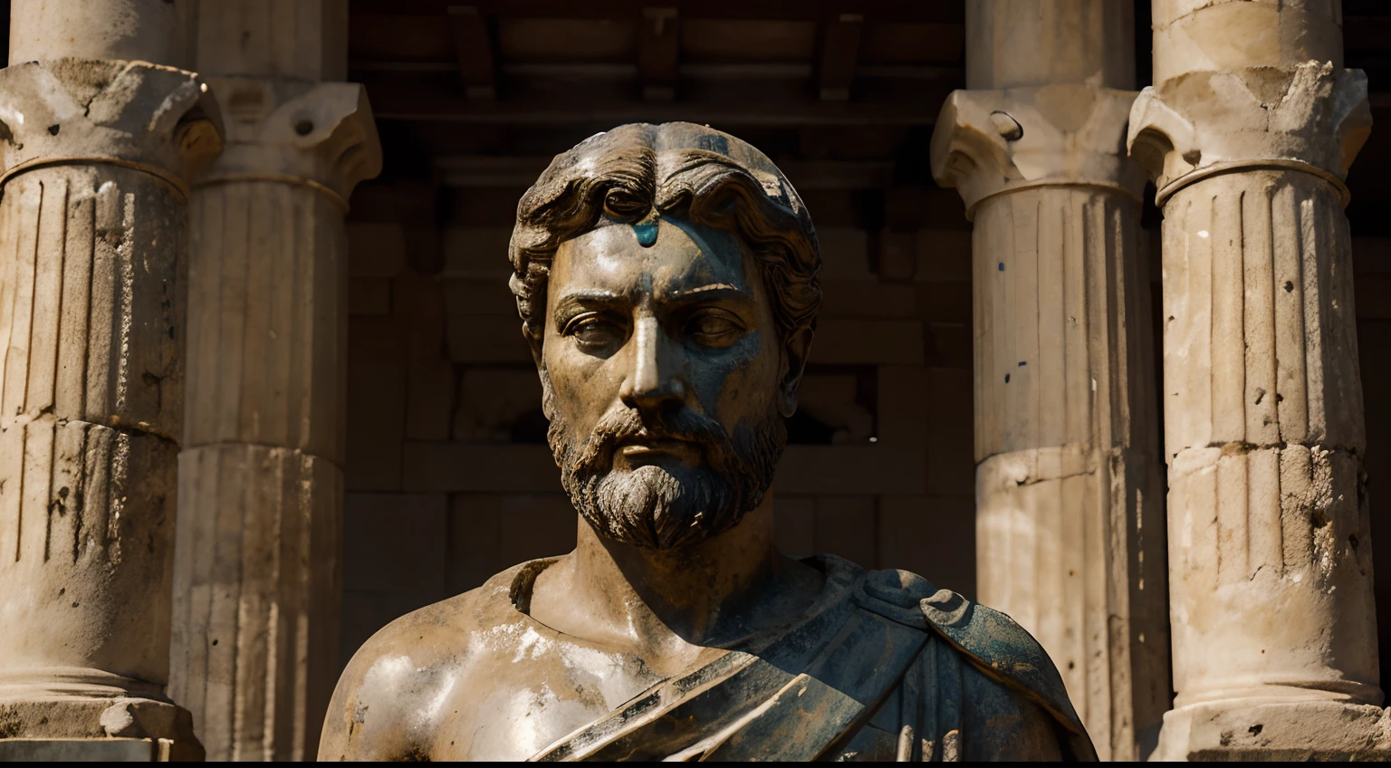 Ancient Stoic Statue With Very Angry Expression, tem barba, muitos detalhes em ambos os olhos, Outside, fundo atenas grego, open sky, com rosto extremamente detalhado full body view, Colors with low saturation with dark tone, Filmado em Sony A7S III com Sony FE 35mm f/1.8, 12.1 MP, --AR 3:2 --estilo cru