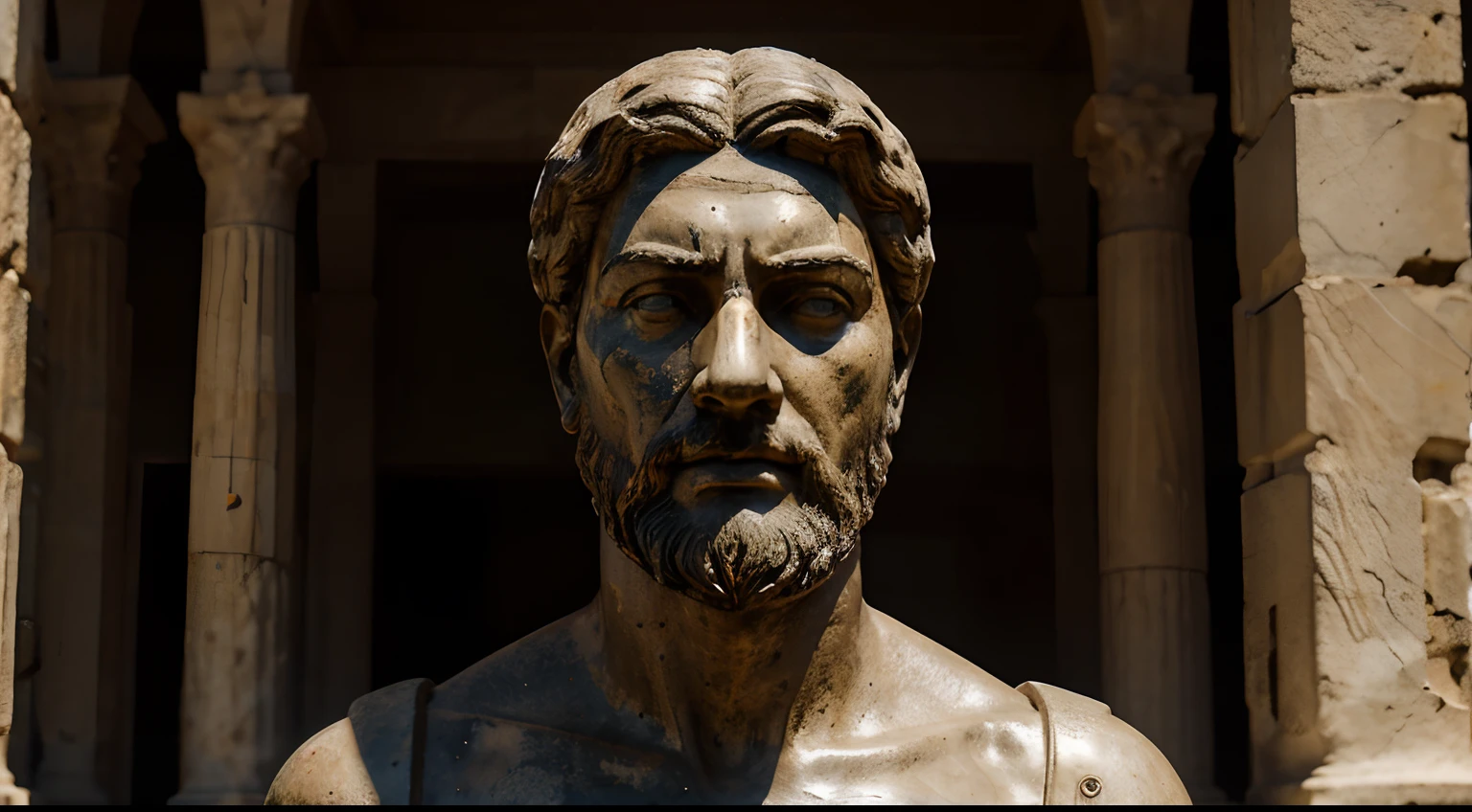 Ancient Stoic Statue With Very Angry Expression, tem barba, muitos detalhes em ambos os olhos, Outside, fundo atenas grego, open sky, com rosto extremamente detalhado full body view, Colors with low saturation with dark tone, Filmado em Sony A7S III com Sony FE 35mm f/1.8, 12.1 MP, --AR 3:2 --estilo cru