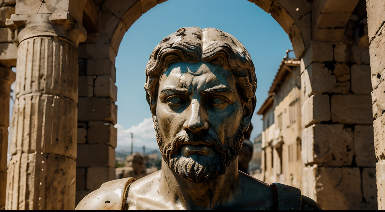 Ancient Stoic Statue With Very Angry Expression, tem barba, muitos detalhes em ambos os olhos, Outside, fundo atenas grego, open sky, com rosto extremamente detalhado full body view, Colors with low saturation with dark tone, Filmado em Sony A7S III com Sony FE 35mm f/1.8, 12.1 MP, --AR 3:2 --estilo cru