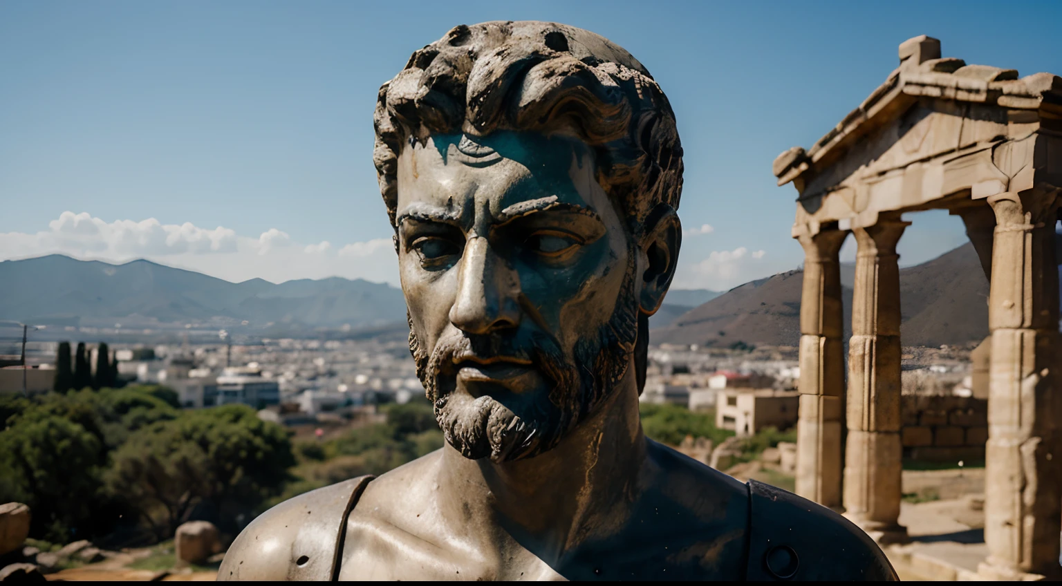 Ancient Stoic Statue With Very Angry Expression, tem barba, muitos detalhes em ambos os olhos, Outside, fundo atenas grego, open sky, com rosto extremamente detalhado full body view, Colors with low saturation with dark tone, Filmado em Sony A7S III com Sony FE 35mm f/1.8, 12.1 MP, --AR 3:2 --estilo cru