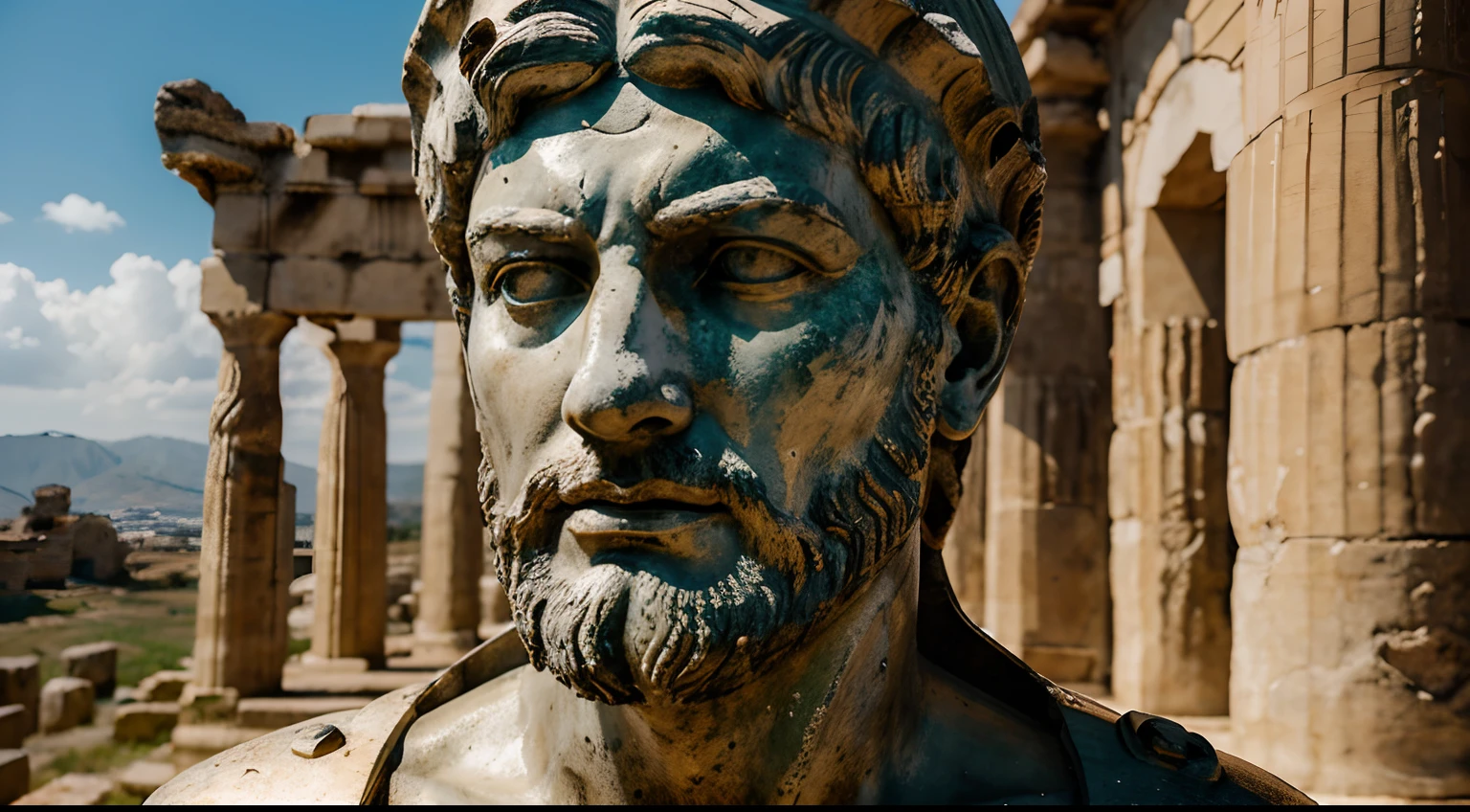 Ancient Stoic Statue With Very Angry Expression, tem barba, muitos detalhes em ambos os olhos, Outside, fundo atenas grego, open sky, com rosto extremamente detalhado full body view, Colors with low saturation with dark tone, Filmado em Sony A7S III com Sony FE 35mm f/1.8, 12.1 MP, --AR 3:2 --estilo cru