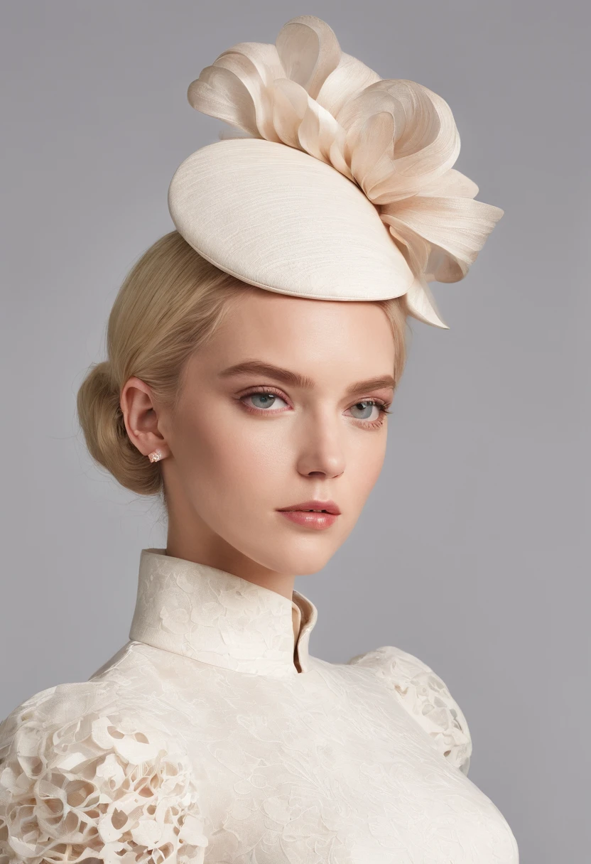 A stunningly beautiful blonde modern-day young lady dressed for Royal Ascot in a conservative day dress with short puffed sleeves