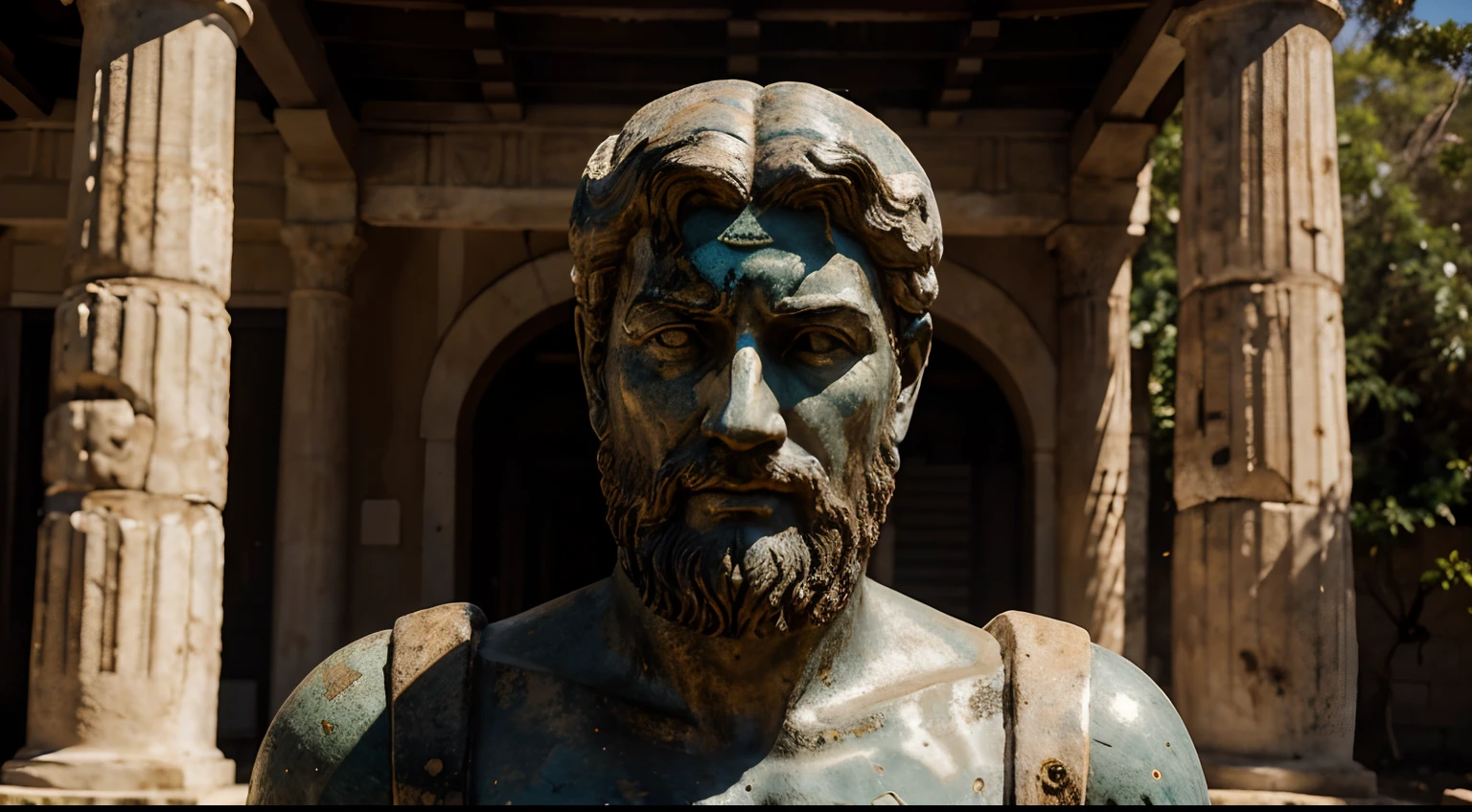 Ancient Stoic Statue With Very Angry Expression, tem barba, muitos detalhes em ambos os olhos, Outside, fundo atenas grego, open sky, com rosto extremamente detalhado full body view, Colors with low saturation with dark tone, Filmado em Sony A7S III com Sony FE 35mm f/1.8, 12.1 MP, --AR 3:2 --estilo cru