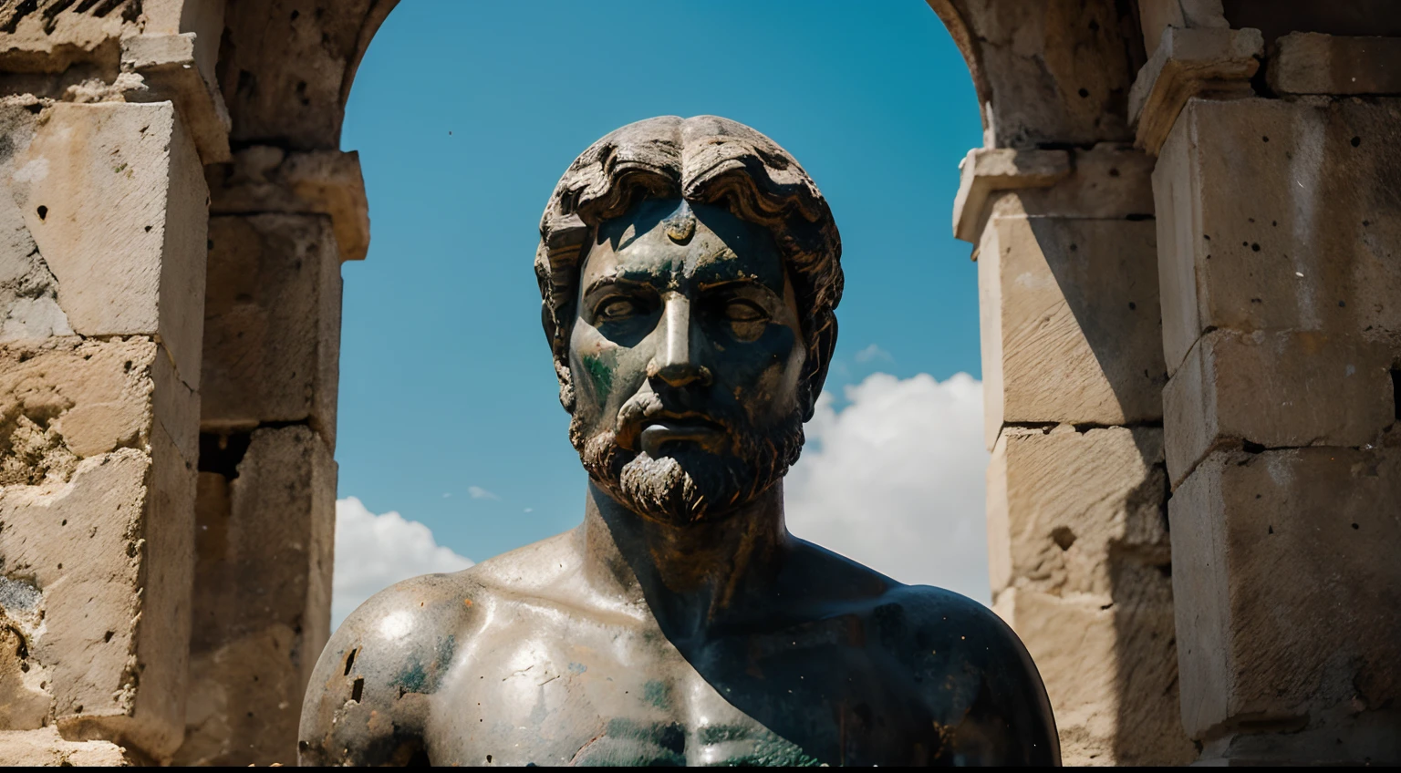 Ancient Stoic Statue With Very Angry Expression, tem barba, muitos detalhes em ambos os olhos, Outside, fundo atenas grego, open sky, com rosto extremamente detalhado full body view, Colors with low saturation with dark tone, Filmado em Sony A7S III com Sony FE 35mm f/1.8, 12.1 MP, --AR 3:2 --estilo cru