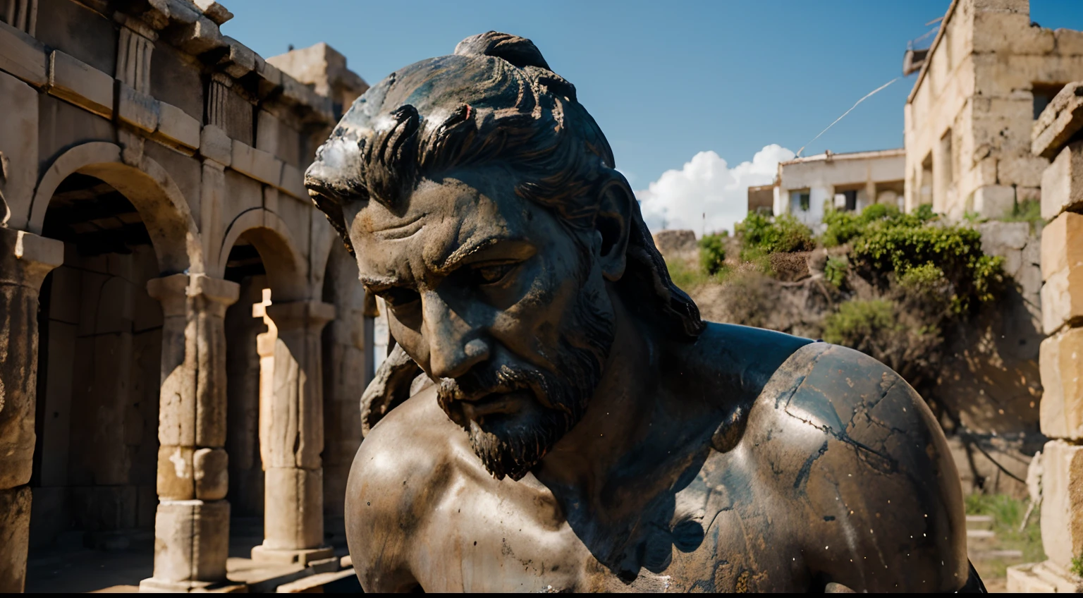 Ancient Stoic Statue With Very Angry Expression, tem barba, muitos detalhes em ambos os olhos, Outside, fundo atenas grego, open sky, com rosto extremamente detalhado full body view, Colors with low saturation with dark tone, Filmado em Sony A7S III com Sony FE 35mm f/1.8, 12.1 MP, --AR 3:2 --estilo cru