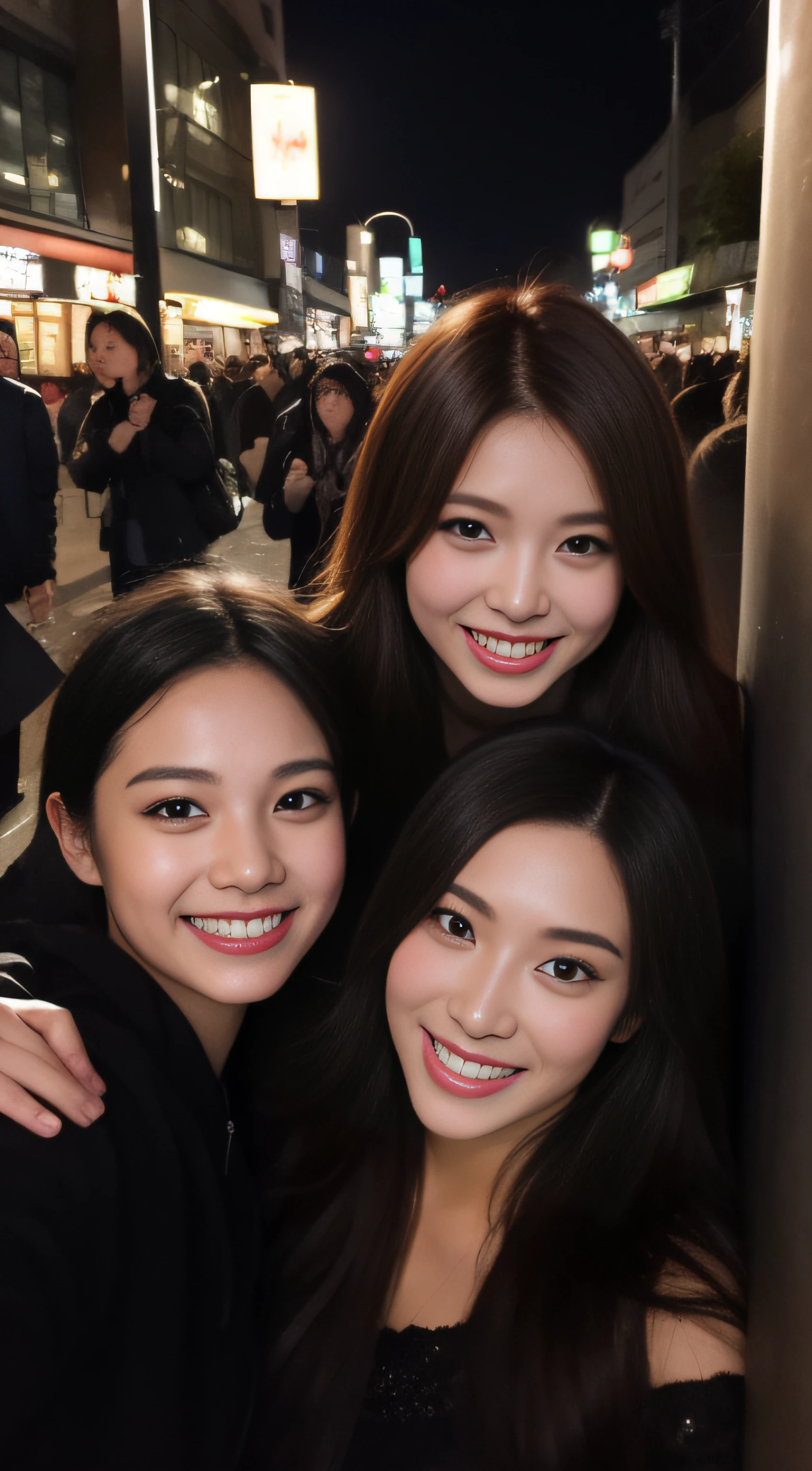 The face is a hostess、squash、Dress is a witch、3 people、hiquality、A hyper-realistic、healthy、Smiling expression、Slender perfect figure、Japan beauties、beautidful eyes、face perfect、Beautiful skin、Shibuya at night