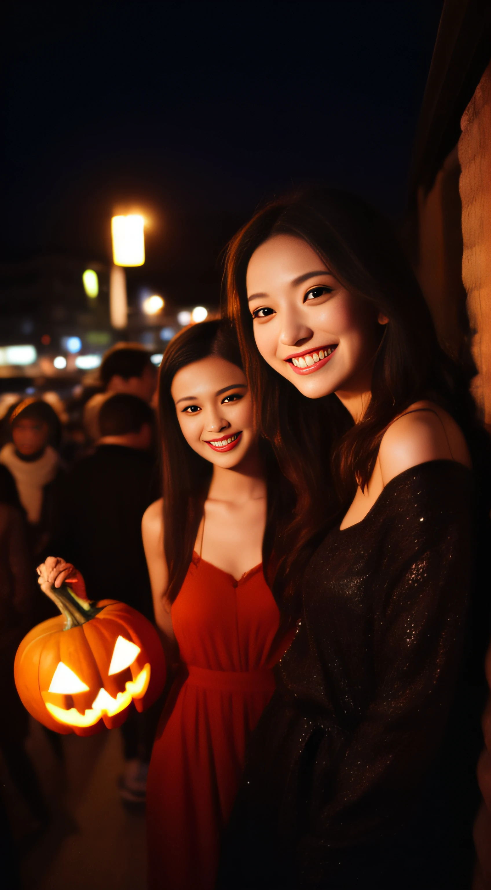 The face is a hostess、Dressed as a pumpkin witch、3 people、hiquality、A hyper-realistic、healthy、Smiling expression、Slender perfect figure、Japan beauties、beautidful eyes、face perfect、Beautiful skin、Shibuya at night