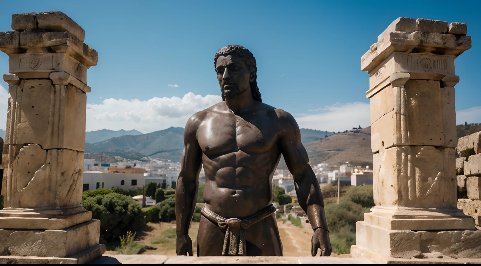 Ancient Stoic Statue With Very Angry Expression, tem barba, muitos detalhes em ambos os olhos, Outside, fundo atenas grego, open sky, com rosto extremamente detalhado full body view, Colors with low saturation with dark tone, Filmado em Sony A7S III com Sony FE 35mm f/1.8, 12.1 MP, --AR 3:2 --estilo cru