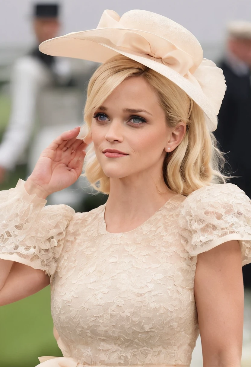 A stunningly beautiful blonde Reese Witherspoon dressed for Royal Ascot in a conservative day dress with short puffed sleeves