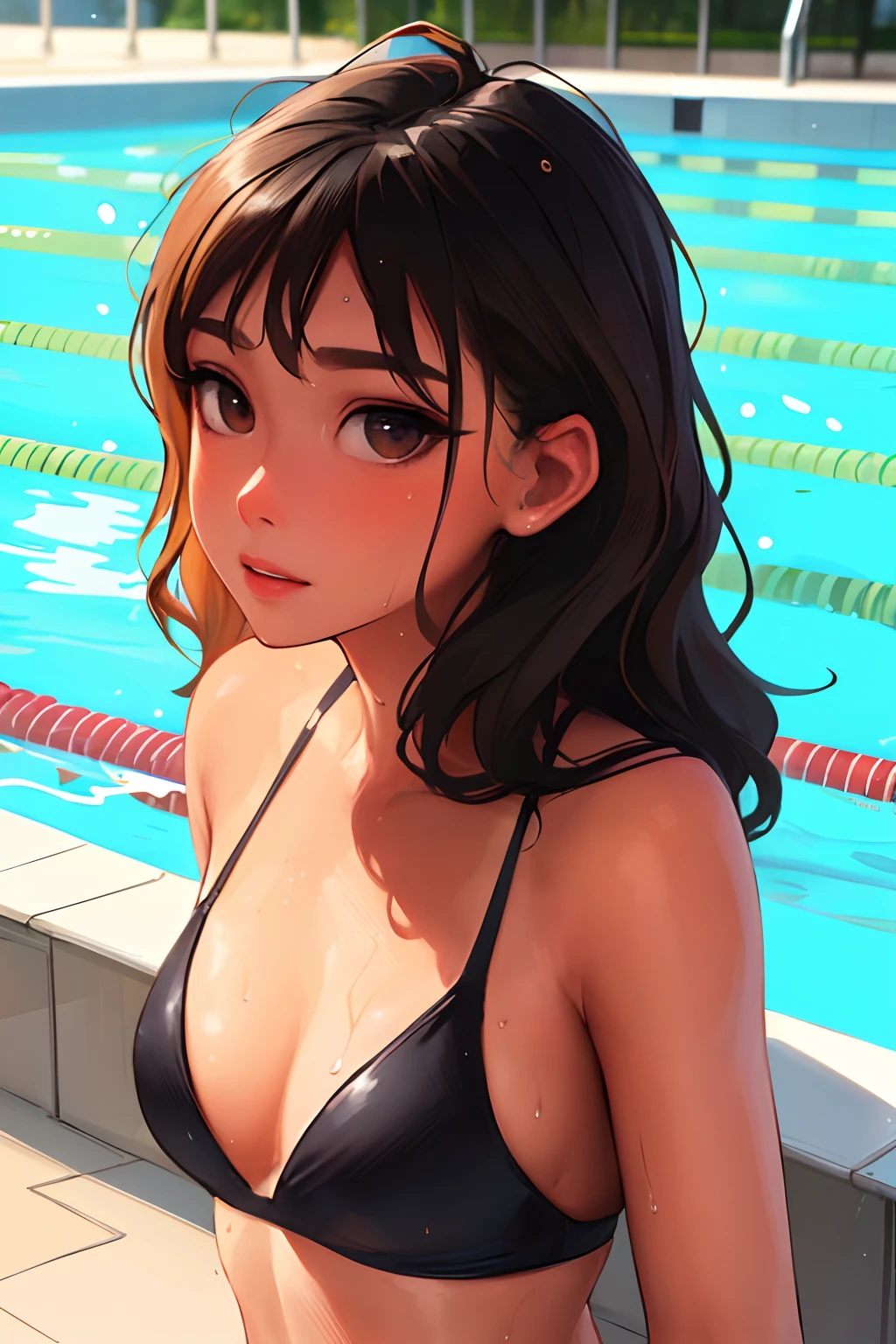 beautiful, lighting, masterpiece, best quality, 1girl, solo, sam yang, swimmer, bikini, stylish bikini, small breast, cleavage, tan line, portrait shot, looking at viewer, detailed face, detailed eyes, detailed hair, partially submerged, outdoor pool, wet skin, wet hair, high quality water, HD, 4k, ultra setting