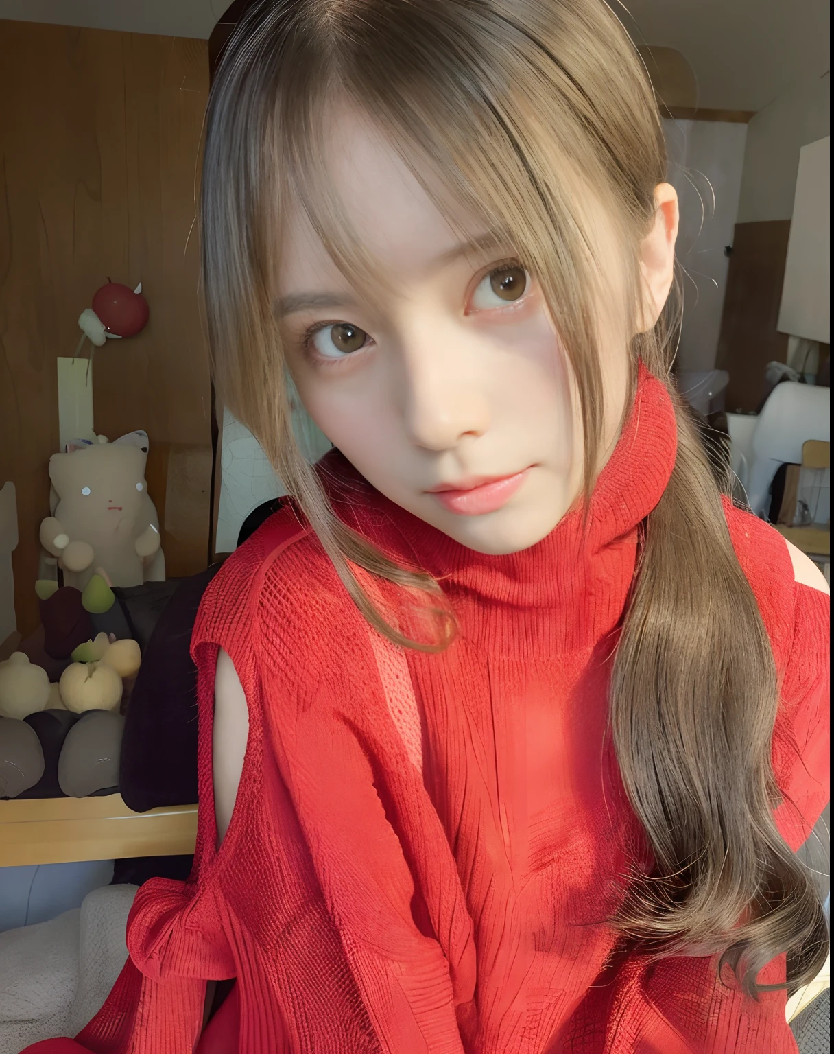 There is a woman with long hair wearing a red sweater, ulzzangs, sakimichan, sakimichan, 🍁 Cute, Red color, the face of a beautiful Japanese girl, cute - fine - face, 奈良美智, shikamimi, chiho, Rin, luminous red eyes, red contact lenses