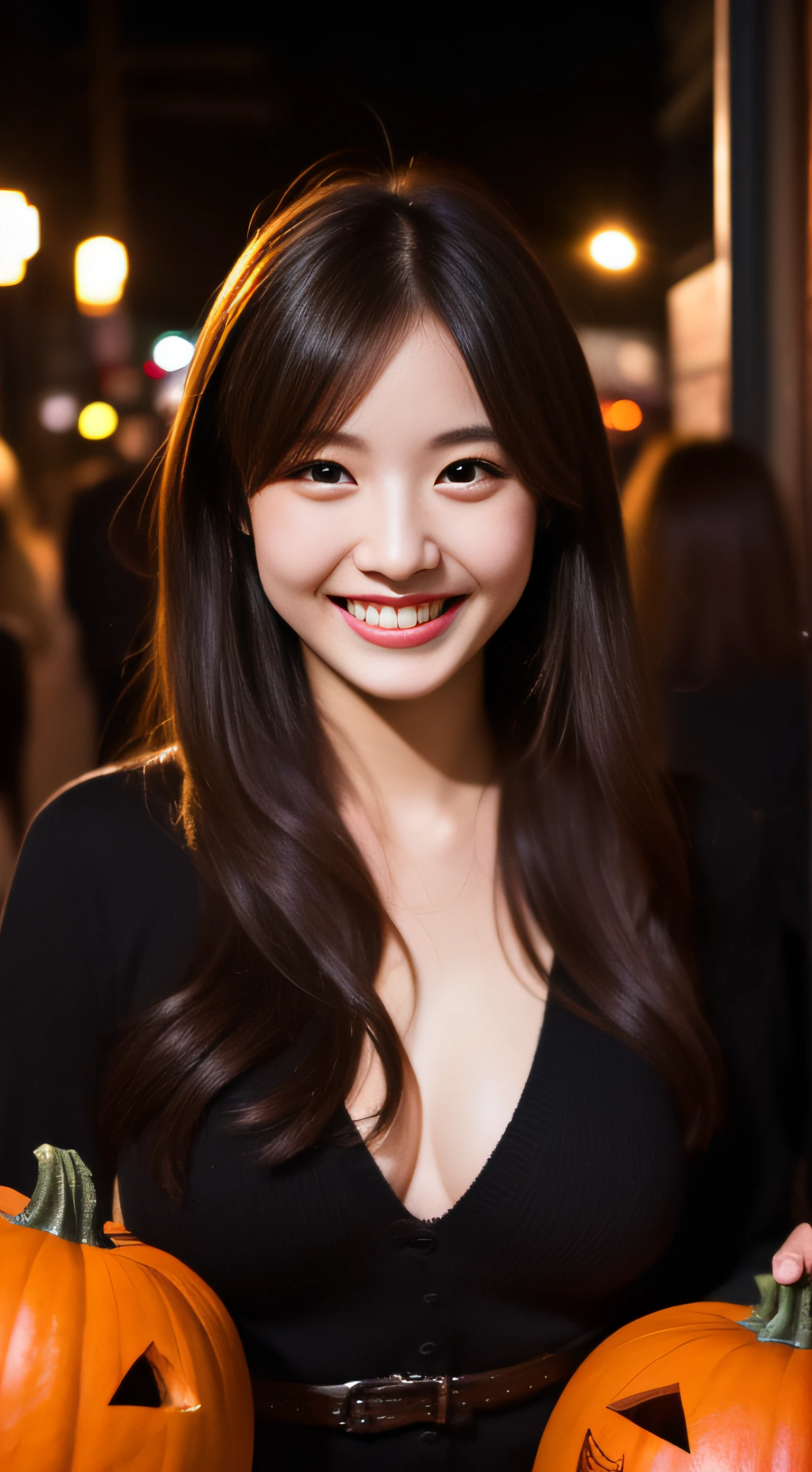 The face is a hostess、Haloin、Dressed as a pumpkin witch、3 people、hiquality、A hyper-realistic、healthy、Smiling expression、Slender perfect figure、Japan beauties、beautidful eyes、face perfect、Beautiful skin、Shibuya at night