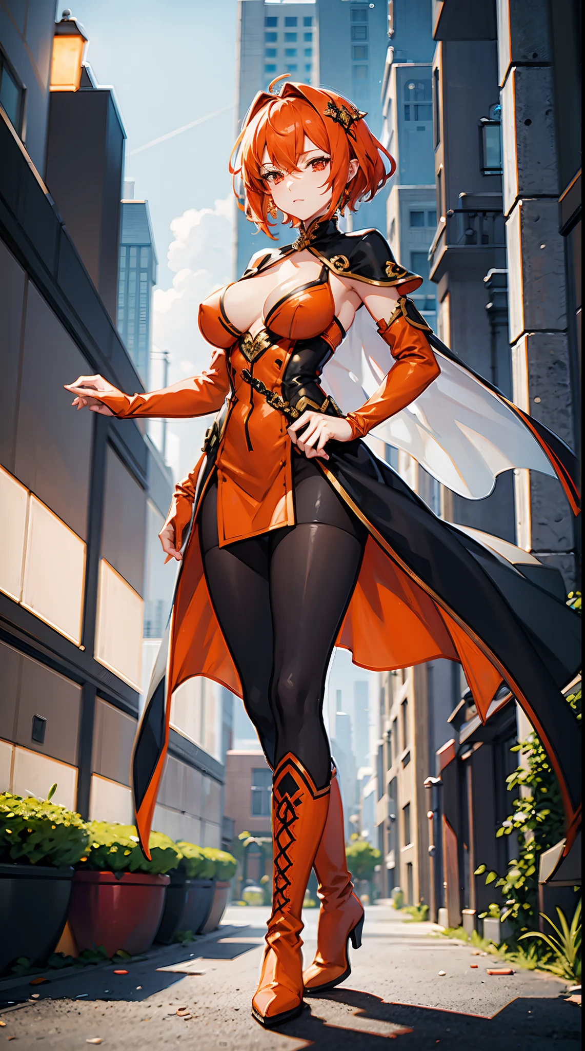 ((Best Quality, in 8K, femele, Seen from the front,masuter piece :0.5)), 1 Woman in fantasy monk attire in orange and white tones, (One head, Two arms, I don't have anything in my hands, Orange shorthair, closed eye, Scarlet eyes, Black long tights, large full breasts, I'm in love with, glad, long boots,),