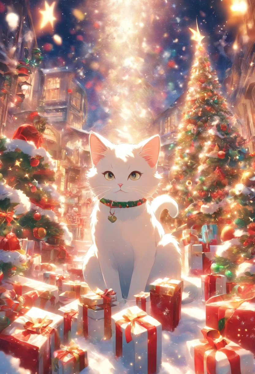 White Cat Christmas Party，biologically correct，1cat