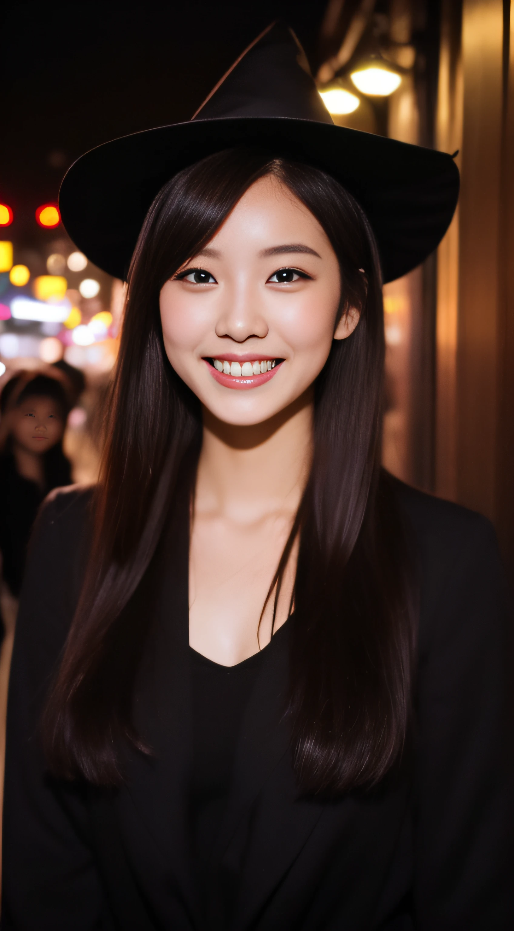 The face is a hostess、Haloin、Dressed as a pumpkin witch、3 people、hiquality、A hyper-realistic、healthy、Smiling expression、Slender perfect figure、Japan beauties、beautidful eyes、face perfect、Beautiful skin、Shibuya at night