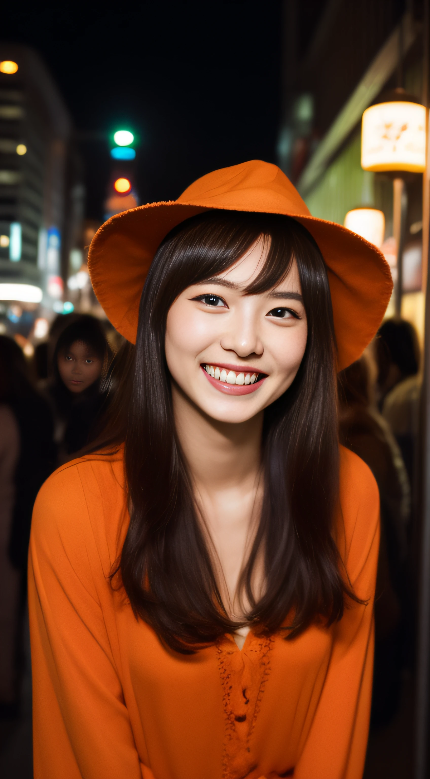 The face is a hostess、Haloin、Dressed as a pumpkin witch、Hats、3 people、hiquality、A hyper-realistic、healthy、Smiling expression、Slender perfect figure、Japan beauties、beautidful eyes、face perfect、Beautiful skin、Shibuya at night