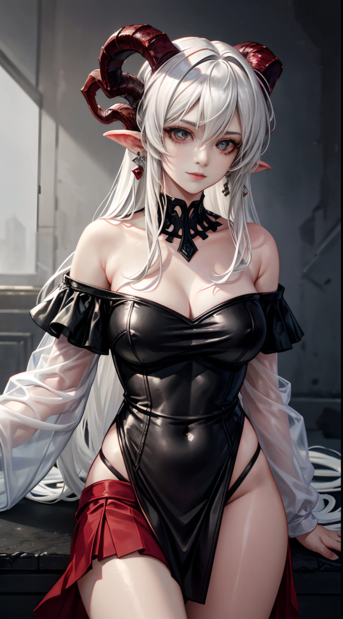 female devil with the horns, fire as background, White color hair, Off-the-shoulder attire, sexy dress, masterpiece, (high detail:1.1), Rough face, seductive, sexy pose, fashion model posing, Large breasts, Natural skin, high quality, NSFW, beautiful eyes, (Detailed face and eyes), (the face: 1 2), noises, Extra, real photograph, PSD, Lamp film photography, sharp focus, contrasty lighting, Delicate skin, High resolution 8K, insanely details, realistic-lying, professional photo shooting, 8K UHD, SLR camera, soft lighting, high high quality, film-grain, Fuji film XT3