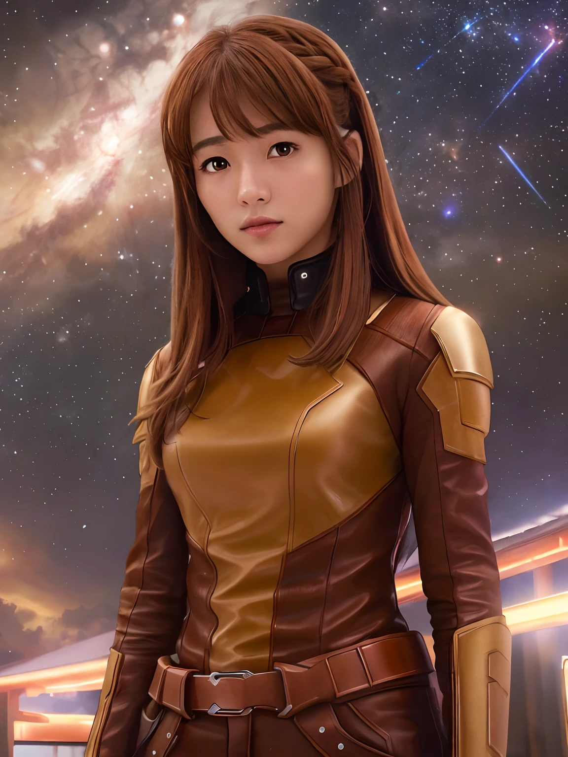 (highres, best quality:1.2), 1girl, radiance,  upper body, Asahina Mikuru, guardians of the Galaxy, solo, brown hair, long hair, brown eyes, cowboy shot, ((photo)), 8k, japanese teenage girl, starry sky