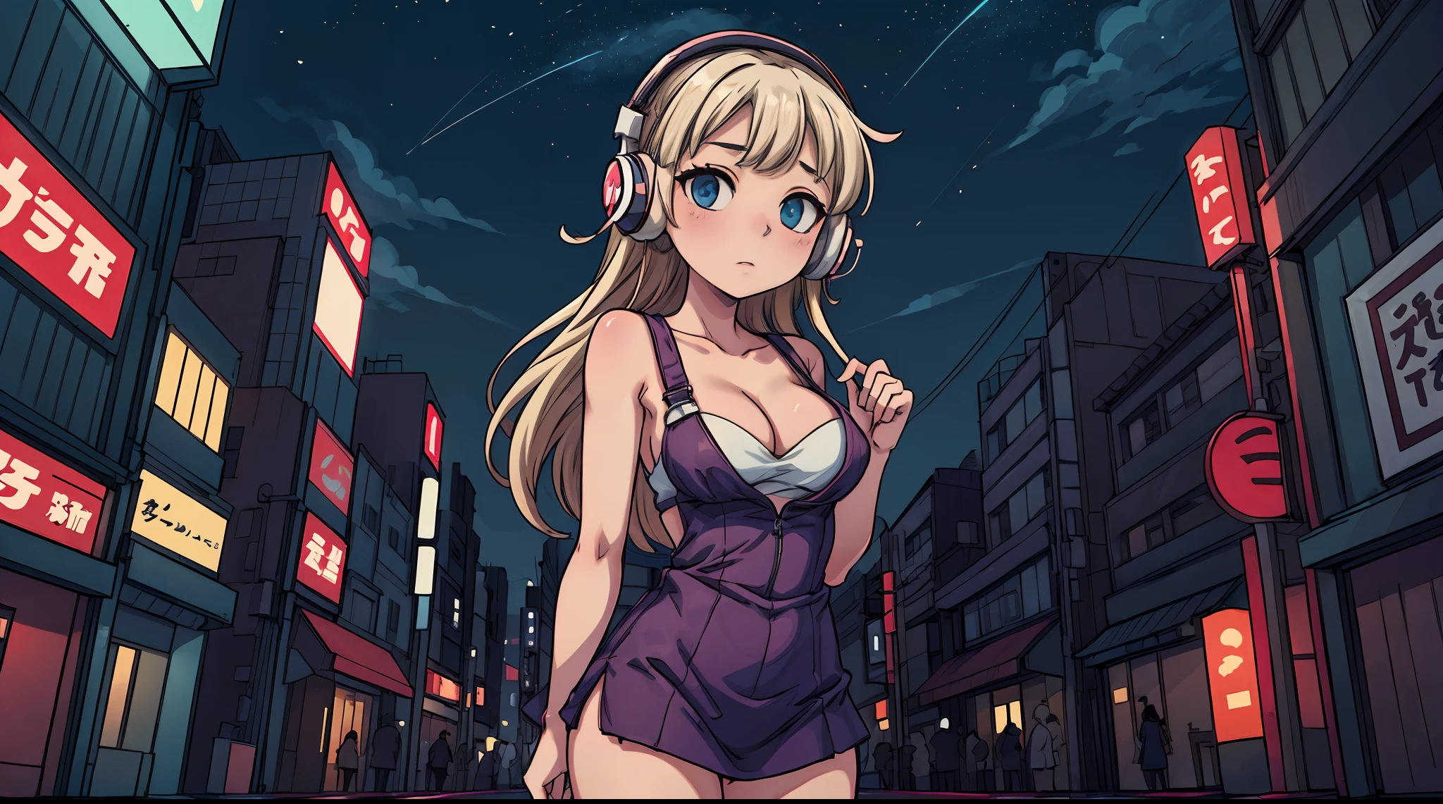 A sexy anime girl with headphones and glowing skin, standing in front of a beautiful background with a beautiful sky. The setting is at night in Tokyo City, Japan, and the girl is wearing a revealing outfit that shows off her cleavage. The overall aesthetic is lofi and vanilla.