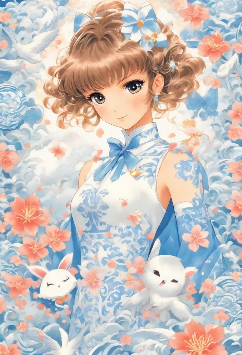 knolling layout::2, cardcaptor sakura, wearing blue and white porcelain pattern cheongsam, sky blue and white, high resolution