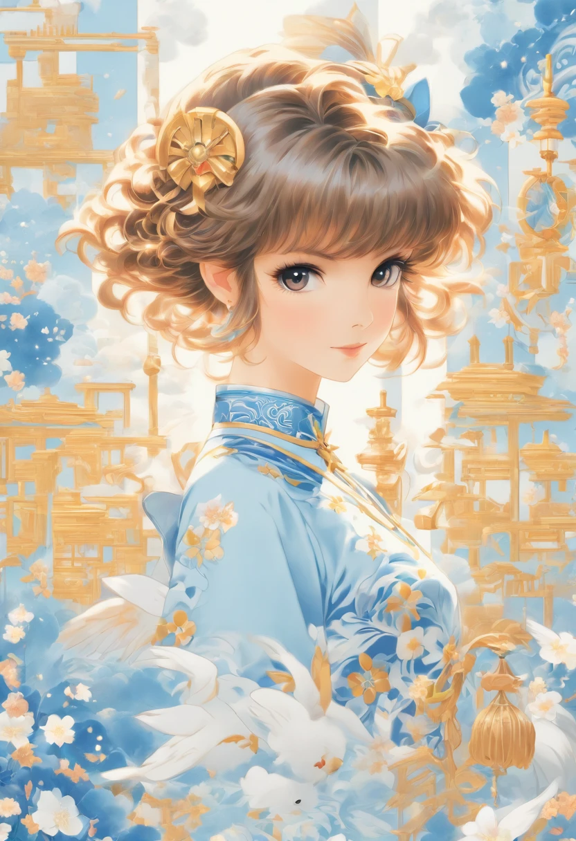knolling layout::2, cardcaptor sakura, wearing blue and white porcelain pattern cheongsam, sky blue and white, high resolution