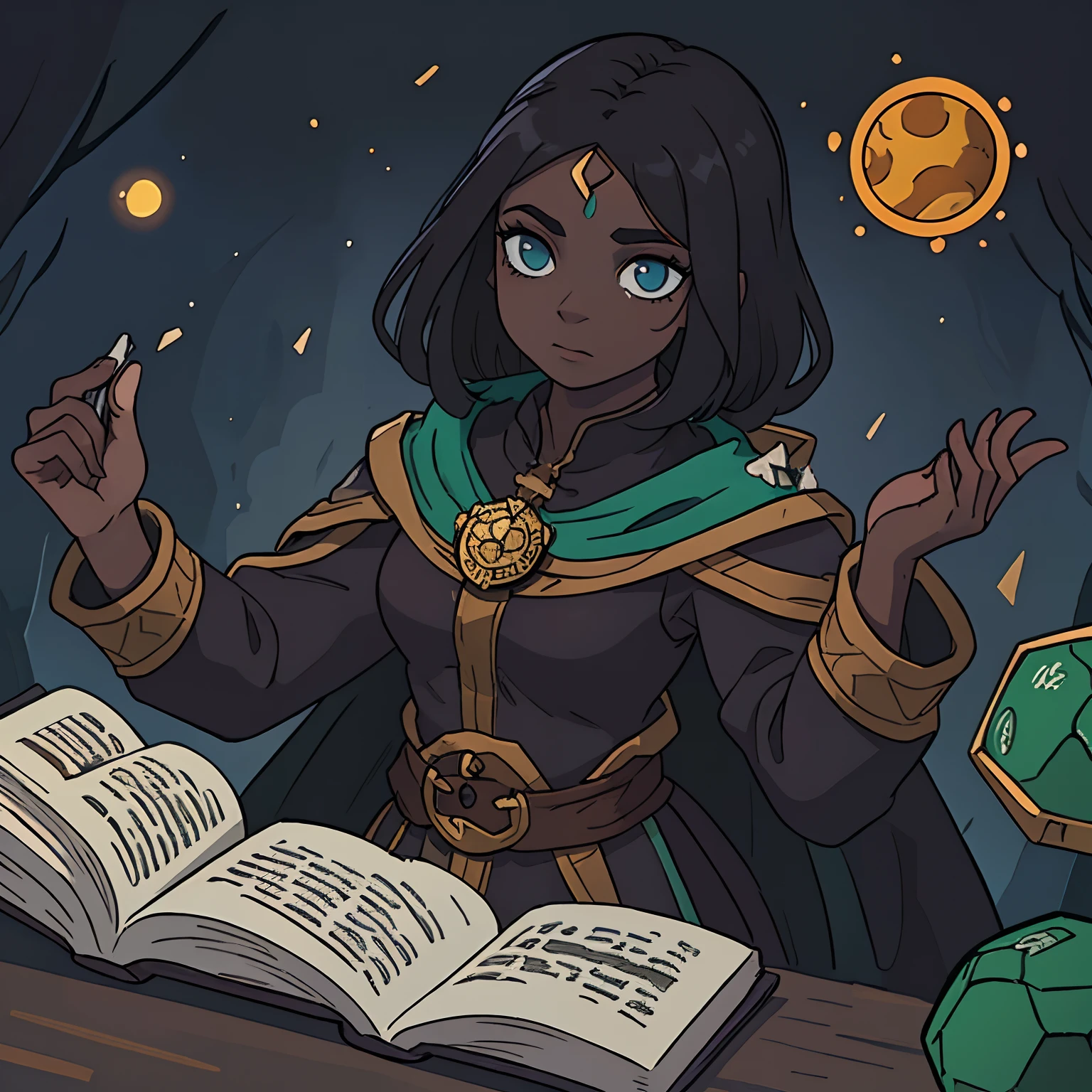 um desenho de uma mulher em um capuz verde e uma capa verde, RPG medieval Caractere , sedutor maga feiticeira , atraente, d&d arte do personagem dark sun, d&d Personagem , Personagem , desonestos, Fantasia D&D Personagem , , pele morena,((Pele Negra)), segurando um livro de magia, using iron medallion that gray color, (((cor dos olhos preto))), cor do cabelo preto,Holding an open book of magic in your hands,