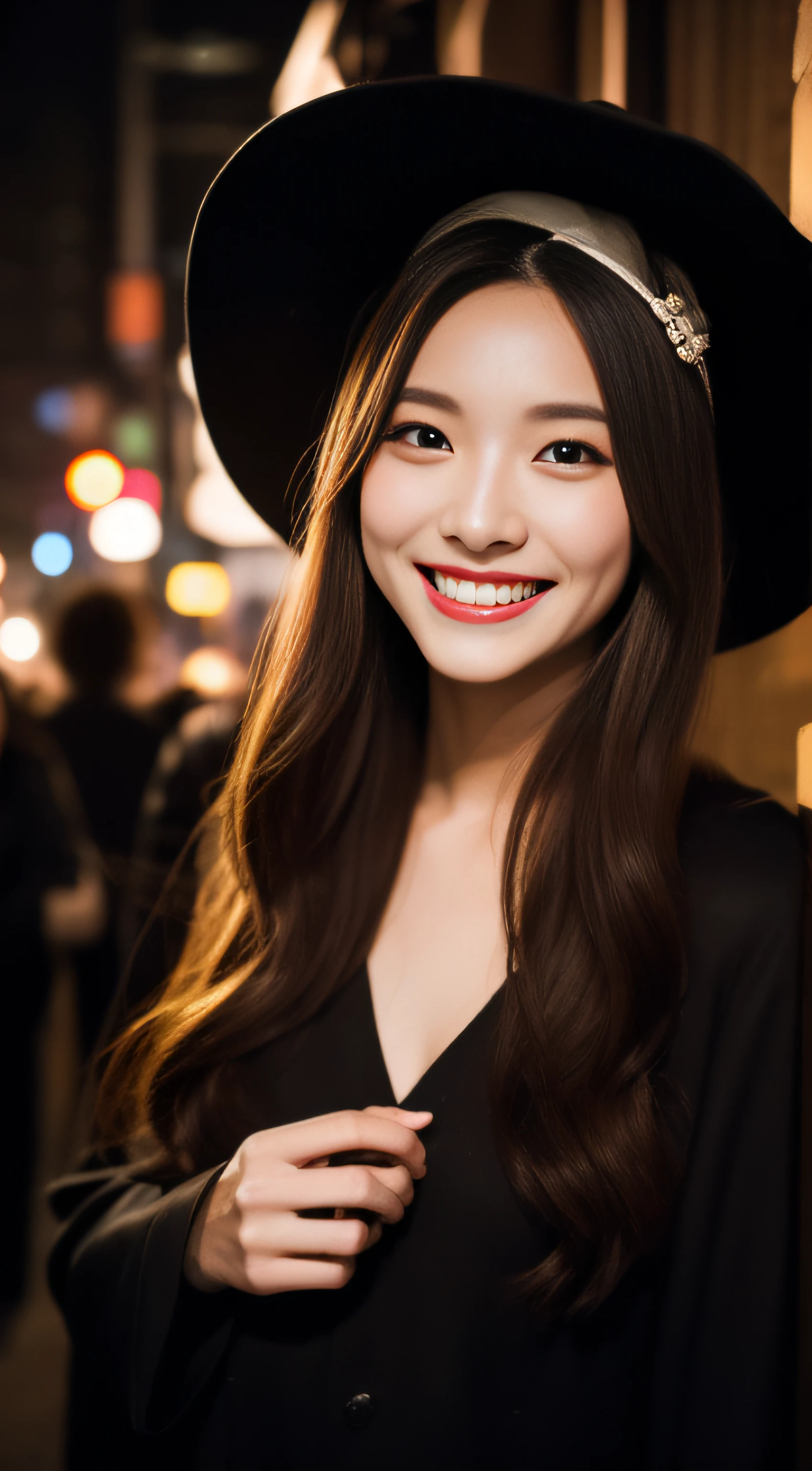 The face is a hostess、Haloin、Dressed as a pumpkin witch、Hats、3 people、hiquality、A hyper-realistic、healthy、Smiling expression、Slender perfect figure、Japan beauties、beautidful eyes、face perfect、Beautiful skin、Shibuya at night