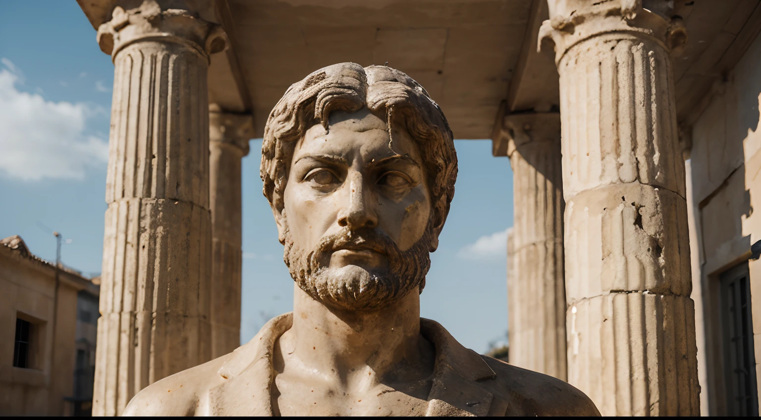 Ancient Stoic Statue With Very Angry Expression, tem barba, muitos detalhes em ambos os olhos, Outside, fundo atenas grego, open sky, com rosto extremamente detalhado full body view, Colors with low saturation with dark tone, Filmado em Sony A7S III com Sony FE 35mm f/1.8, 12.1 MP, --AR 3:2 --estilo cru