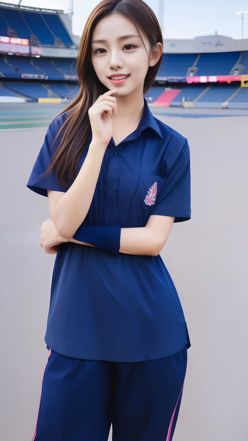 (bestquality,10,10,highres,masterpiece:1.2),ultra-detail,(Realistic,photorealistic portrait,photo-realistic:1.37),1 Cute girl in the football field,oily shiny skin,bara,light smile,BDclothes,((blue shirt:1.3)),short sleeves,shirt, trousers.,(navy_long_Pants Track:1.1), ((Stadium Background:1.3)),dynamic angle,excited,face focus,Dynamic Poses,from behide,Ass Focus,masterpiece, bestquality, ultra realistic, hyper-detail, 8k resolution, RAW photo, crisp focus, ((Navy blue shirt:1.1)), short sleeves, Long Path, Perfect body, 2 mature women, 18yo, cinematic light,Blue sweatpants,Gymware,Correct anatomy,Complete body, Correct body, sharp face, Anatomically correct body, full entire body, Realistic gestures, long-haired, Realistic poses,Wear long shorts...,Long leg span,Shapely,Sculpting Girl, mannequin mannequins, Slender Figure