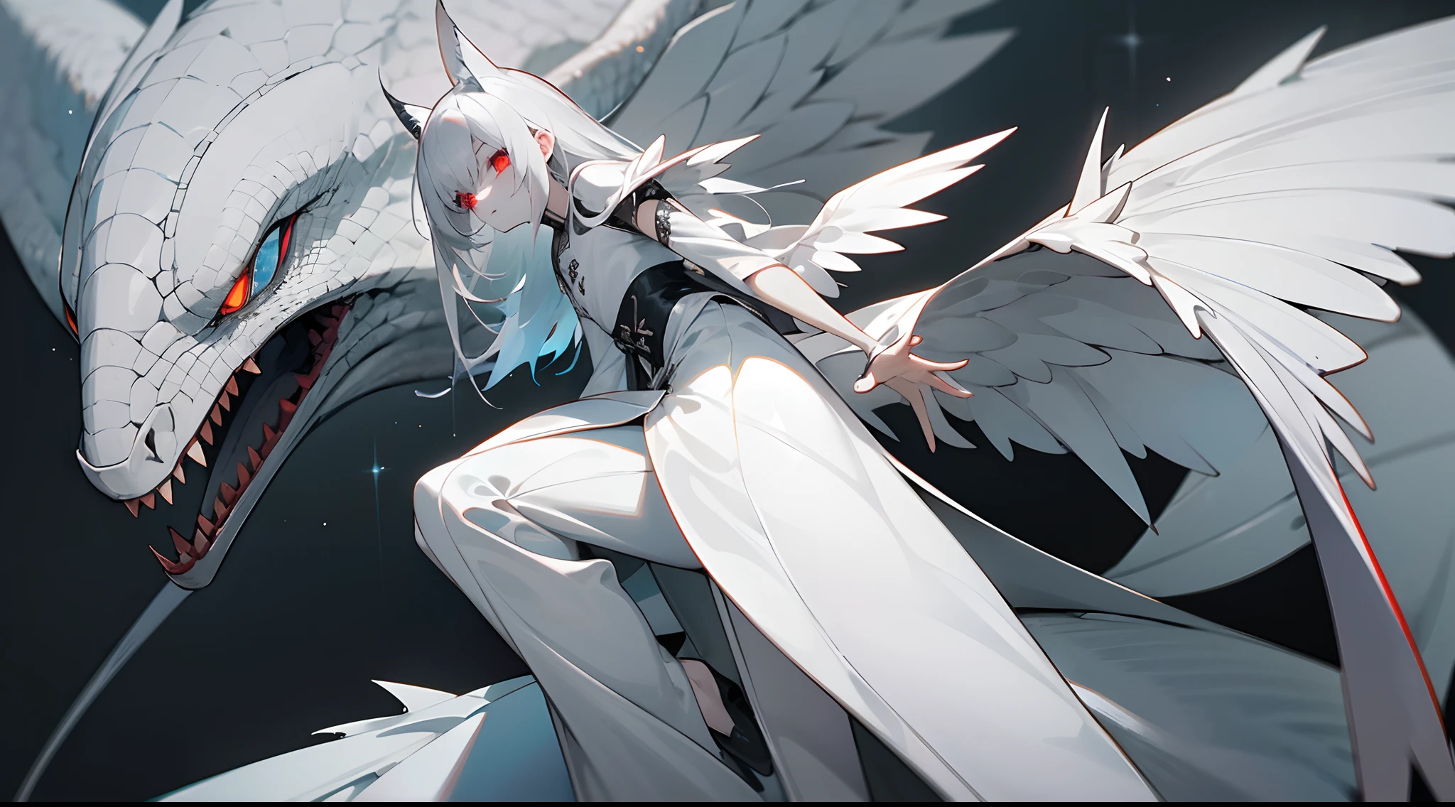 "Tall and slender body, It is about 6 feet tall, pale-skinned，Slightly morbid (Pale, Sick tone), Silver-white hair, Redness of the eyes，It emits an eerie glow (Red eyes, eerie glow), The wing is asymmetrical，The right wing is slightly larger than the left (Asymmetrical wings, Bigger right), Gray skin on the surface of the wings (Gray wing skin), A hand that looks sharp and metallic, Slender twisted fingers sparkle like metal (Sharp metal hands, Slender twisted fingers), Similar to the tail of a reptile, Covered with small scales，The tip is sharp (Reptile-like tail, Scale coverage, pointed), The color is also gray (Gray tail)."Xinhua State

concentrated:
- Tags are separated by commas。
- "Tall and slender body, It is about 6 feet tall" The figure and height of the characters are described。
- "pale-skinned，Slightly morbid" Describes the character's skin condition。
- "Silver-white hair" Describe the character's hair color。
- "Redness of the eyes，It emits an eerie glow" The eye color and mysterious glow of the characters are described。
- "The wing is asymmetrical，The right wing is slightly larger than the left" The asymmetrical wings of the figure are described。
- "Gray skin on the surface of the wings" The gray skin on the wings is described。
- "A hand that looks sharp and metallic, Slender twisted fingers sparkle like metal" The special appearance and shiny metallic texture of one of the character's hands is described。
- "Similar to the tail of a reptile, Covered with small scales，The tip is sharp" The character is described as having a reptile-like tail，Covered with scales，And the ending is sharp。
- "The color is also gray" Added tail。