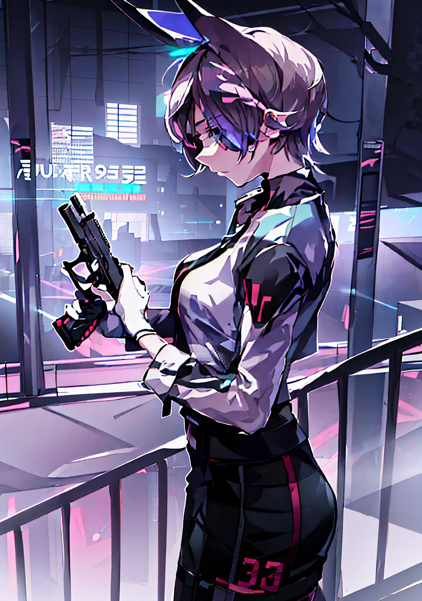 anime girl holding a gun and looking at the camera, with pistol, with a gun, zerochan, female protagonist 👀 :8, zerochan art, very modern anime style, with rifle, modern anime style, 4 k manga wallpaper, makoto shinka, urban girl fanart, trigger anime artstyle, by Kamisaka Sekka