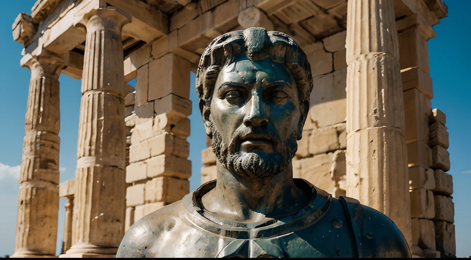 Ancient Stoic Statue With Very Angry Expression, tem barba, muitos detalhes em ambos os olhos, Outside, fundo atenas grego, open sky, com rosto extremamente detalhado full body view, Colors with low saturation with dark tone, Filmado em Sony A7S III com Sony FE 35mm f/1.8, 12.1 MP, --AR 3:2 --estilo cru