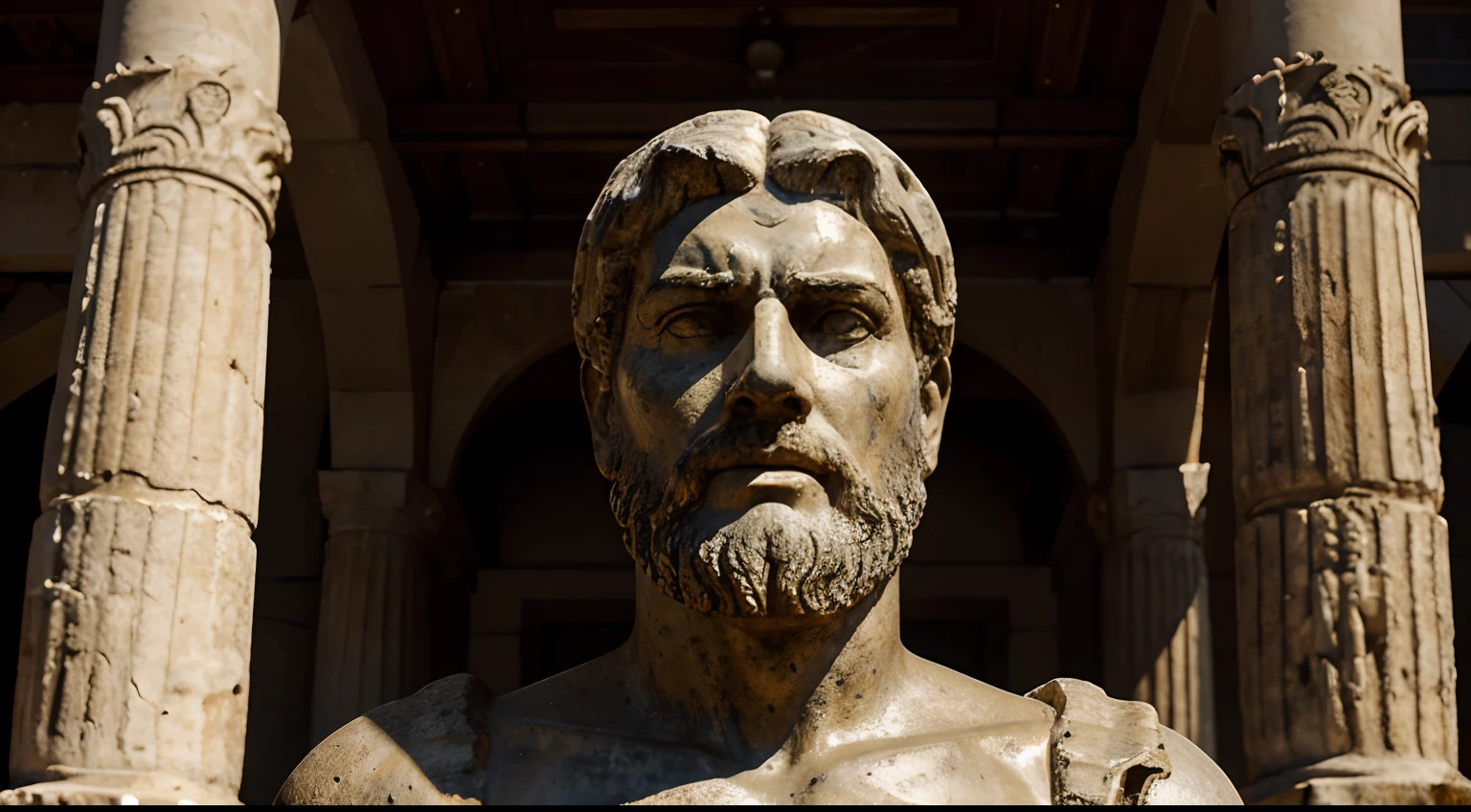 Ancient Stoic Statue With Very Angry Expression, tem barba, muitos detalhes em ambos os olhos, Outside, fundo atenas grego, open sky, com rosto extremamente detalhado full body view, Colors with low saturation with dark tone, Filmado em Sony A7S III com Sony FE 35mm f/1.8, 12.1 MP, --AR 3:2 --estilo cru