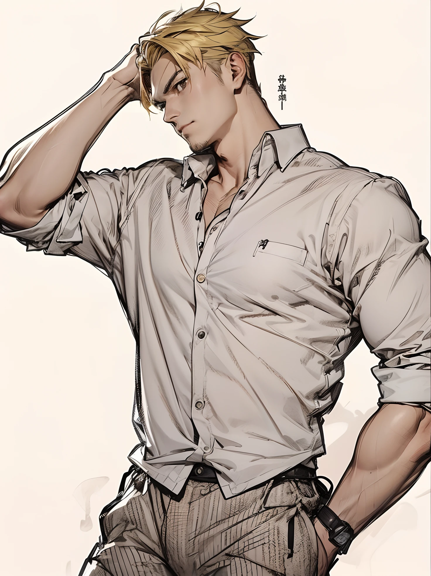A male character, anime , Nanami, Strong body, white shirt, messy yellow hair, high quality,